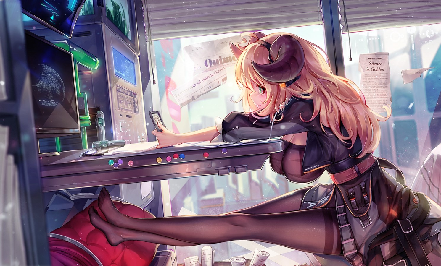 Anime girl with horns at a computer desk HD Wallpaper