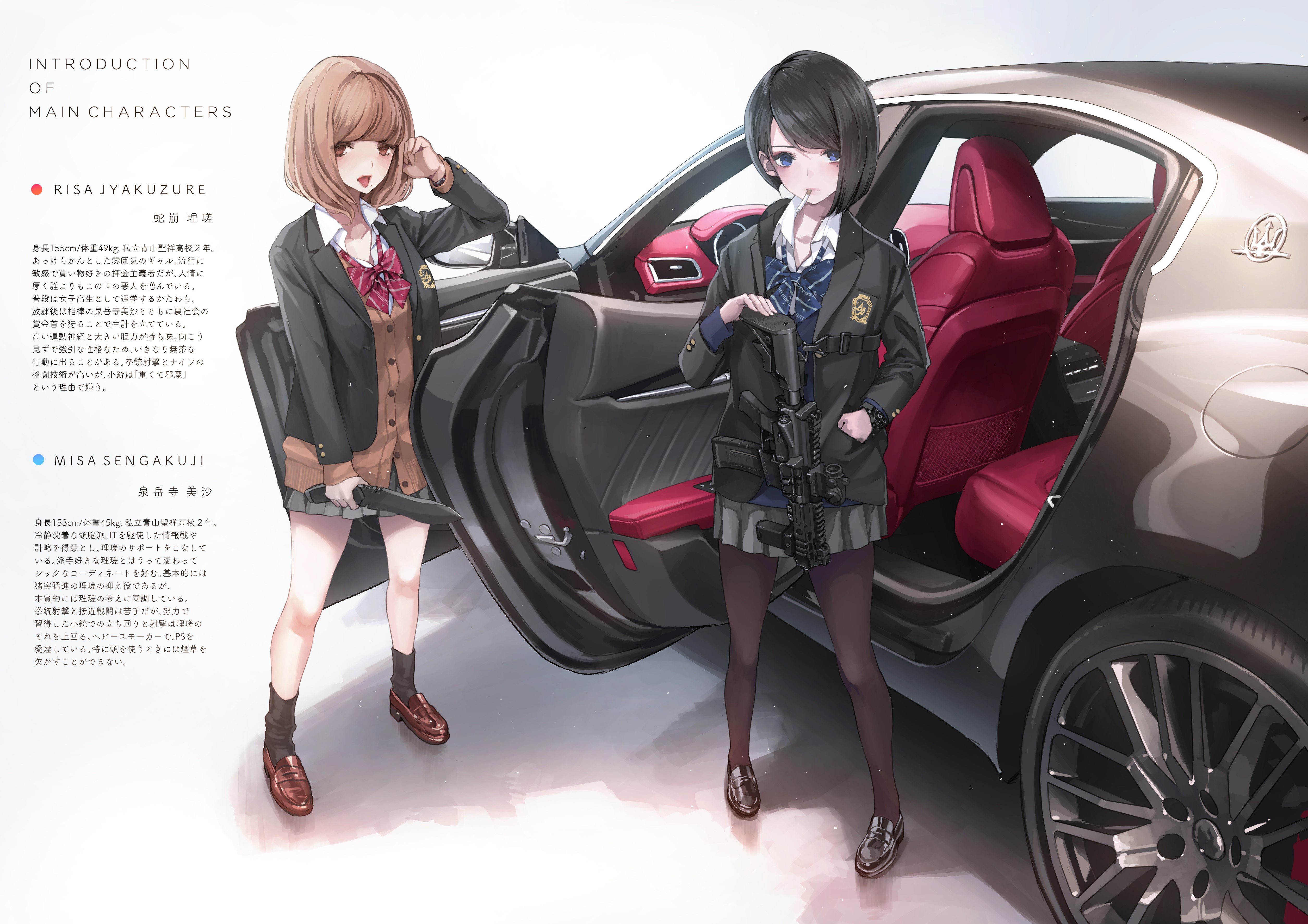 Anime girls with weapons and Maserati HD Wallpaper