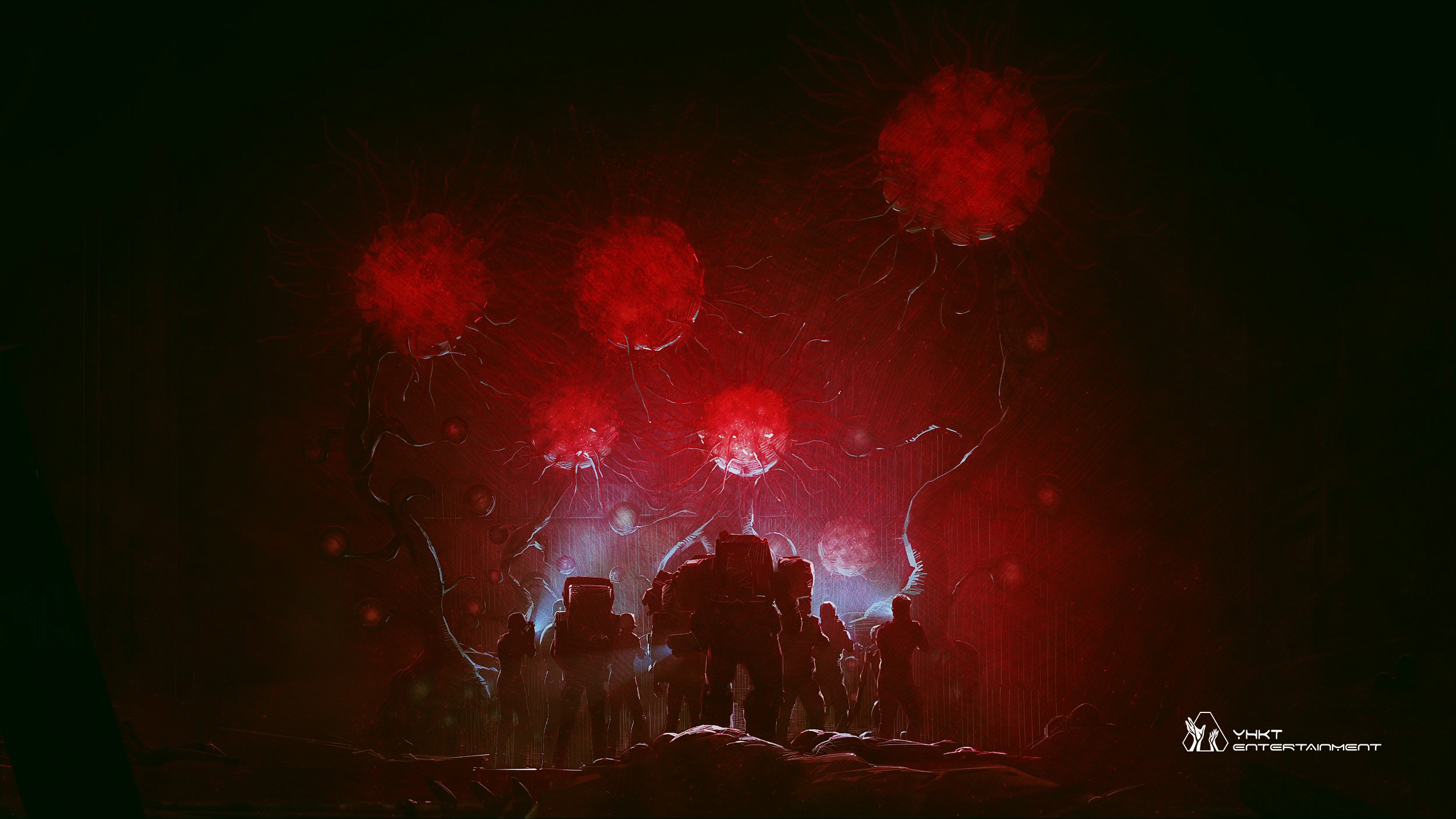 Ling Long and soldiers in a red, alien environment HD Wallpaper