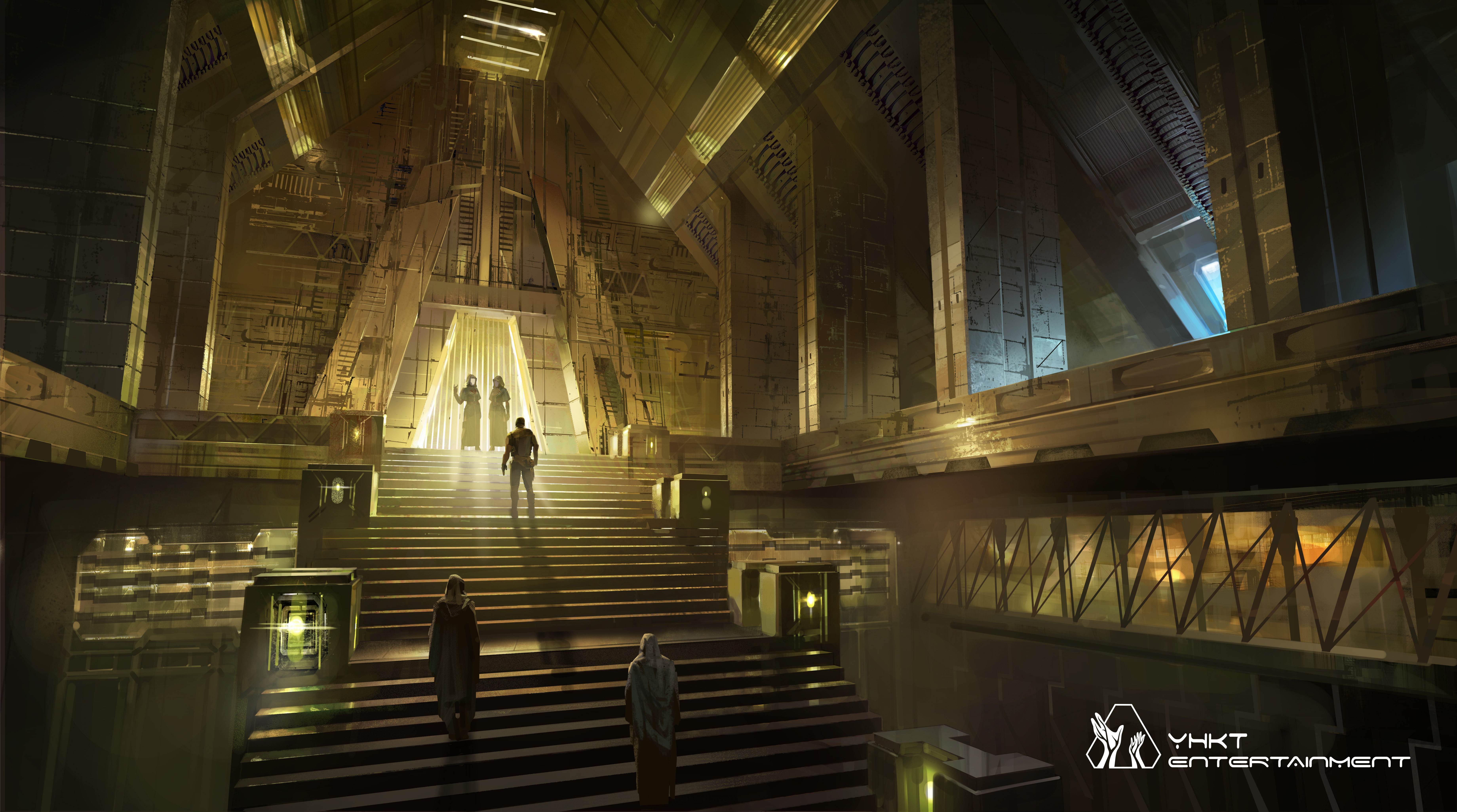 Artwork of a grand hall with figures HD Wallpaper