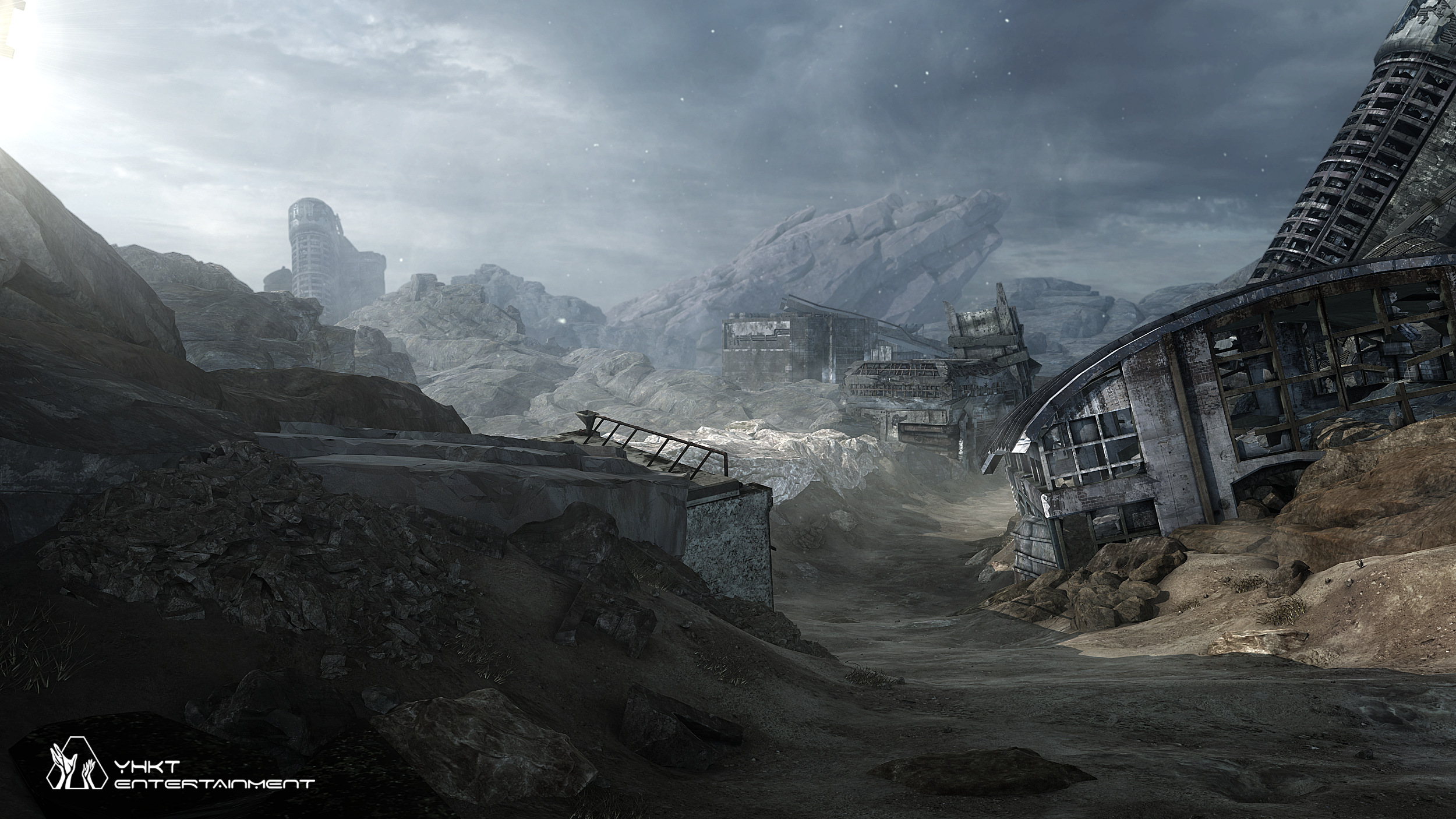 Post-apocalyptic ruins with YHKT Entertainment logo HD Wallpaper
