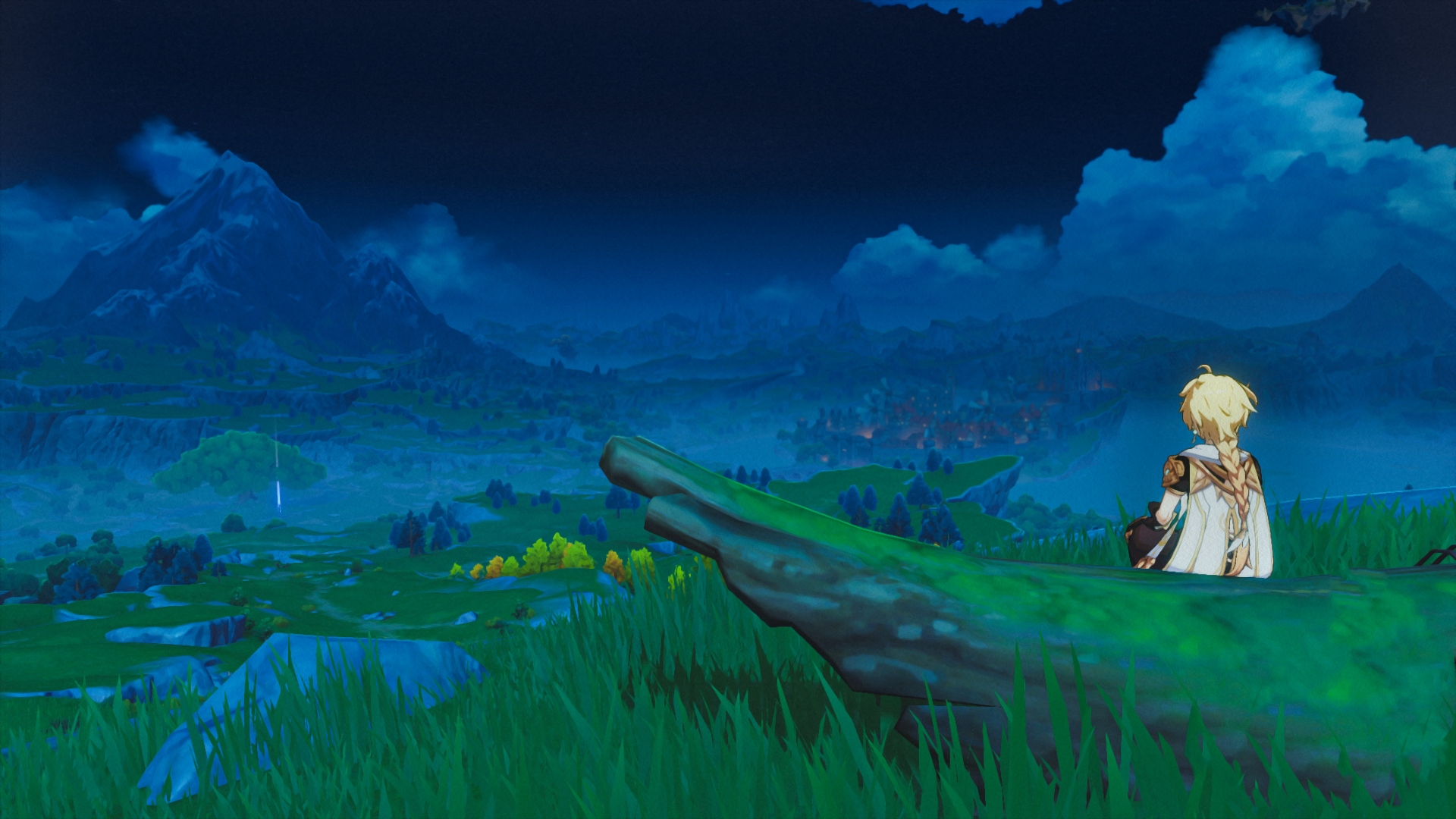 Aether from Genshin Impact overlooking a landscape at night HD Wallpaper