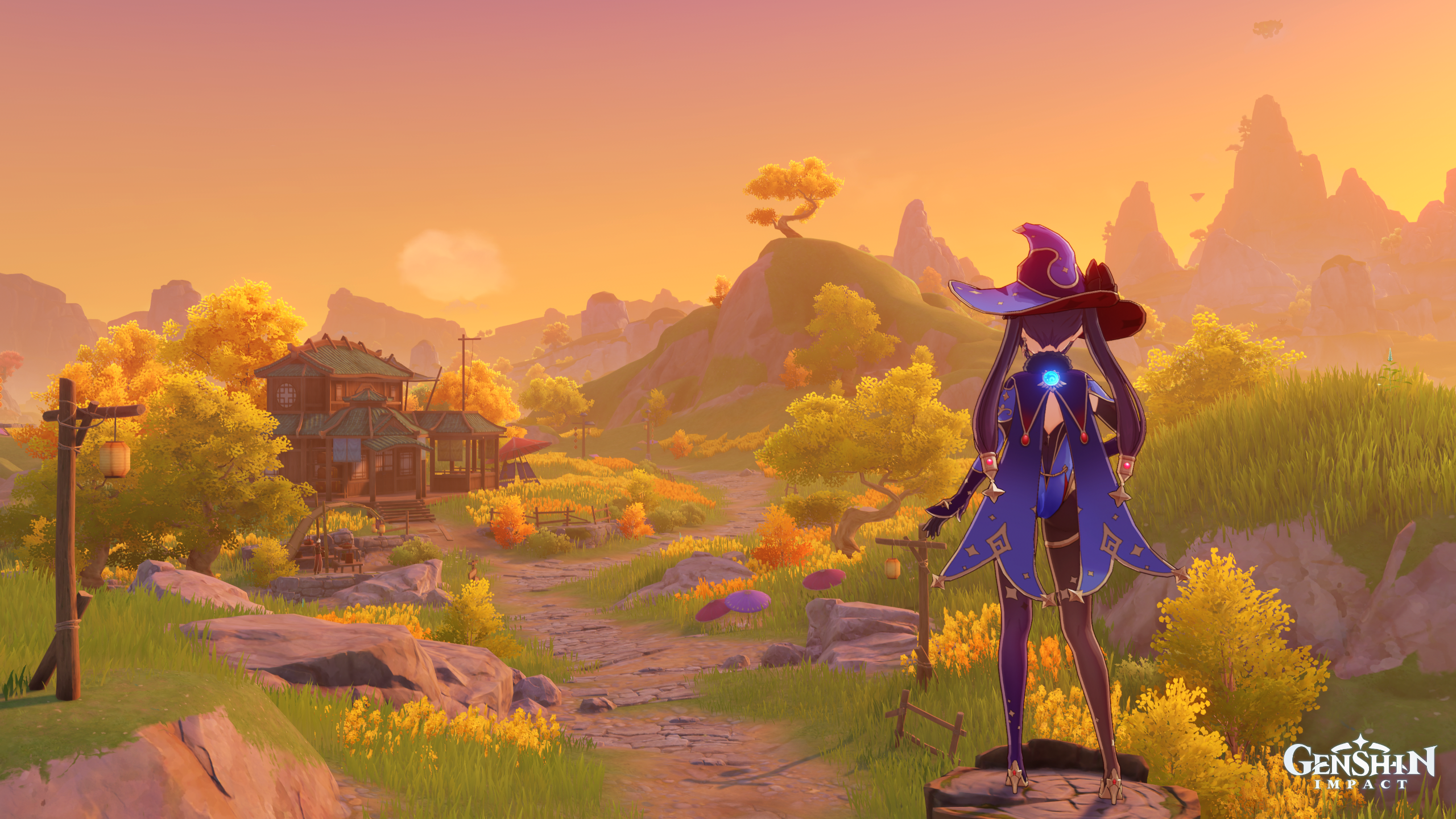 Mona from Genshin Impact in a scenic landscape HD Wallpaper