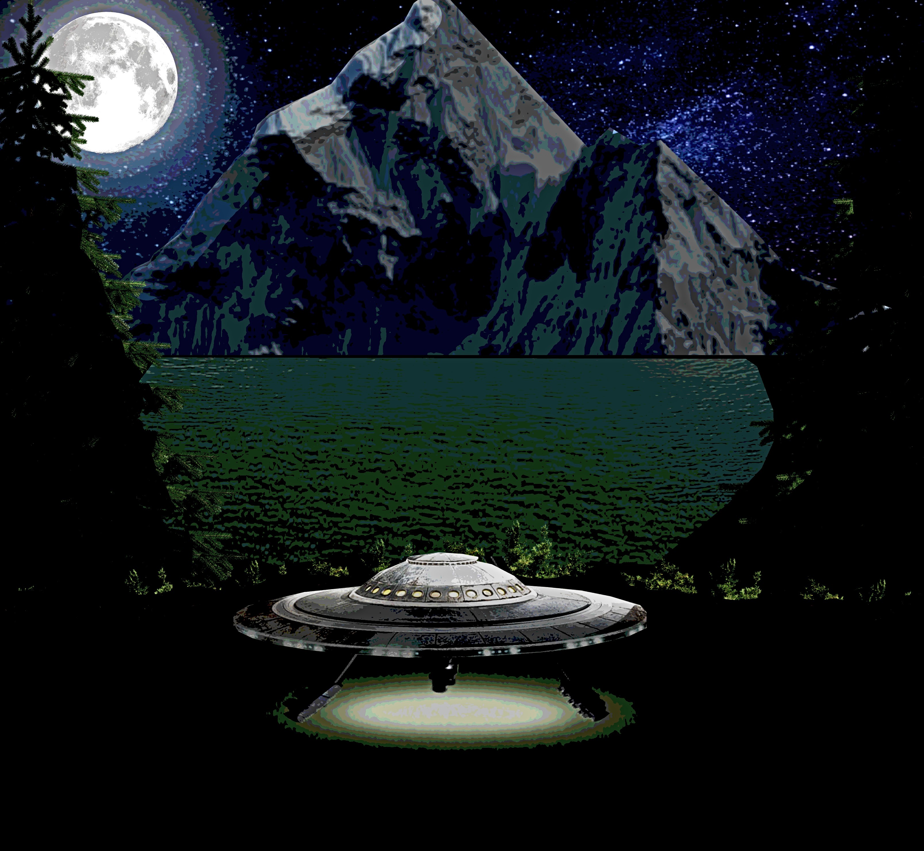 UFO hovering over a lake with mountains and moon HD Wallpaper