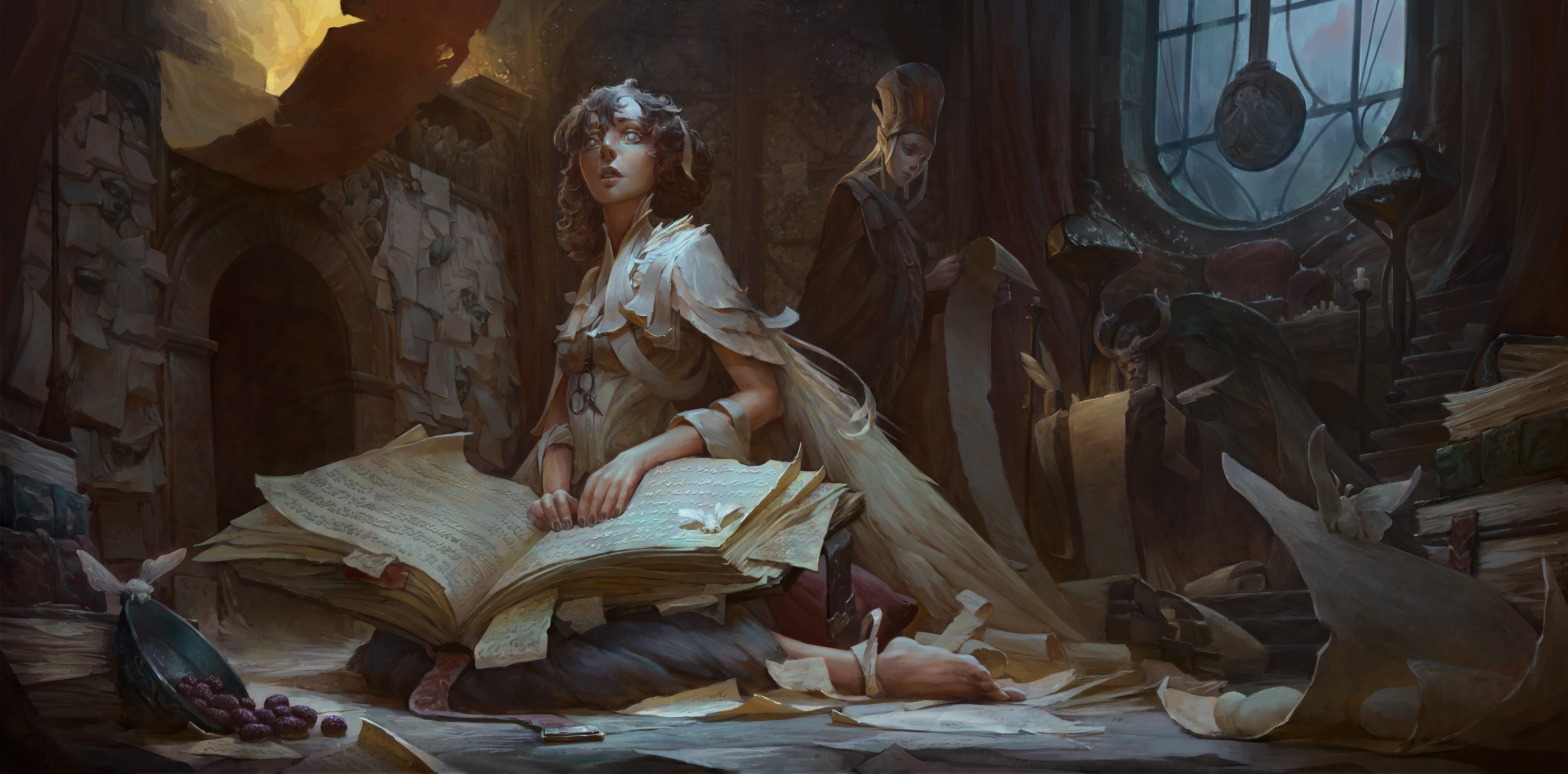 Artwork of a woman in a white dress reading a book HD Wallpaper