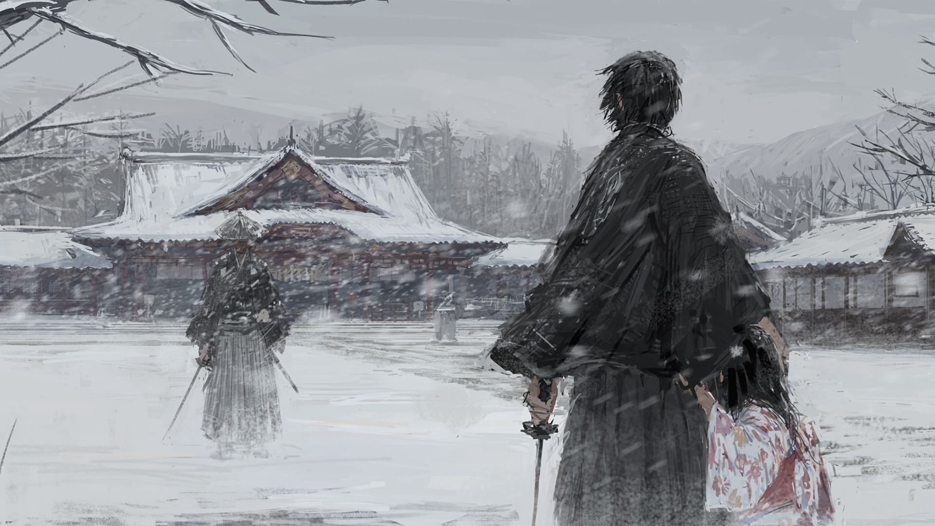 Samurai in a snowy landscape with traditional Japanese buildings HD Wallpaper