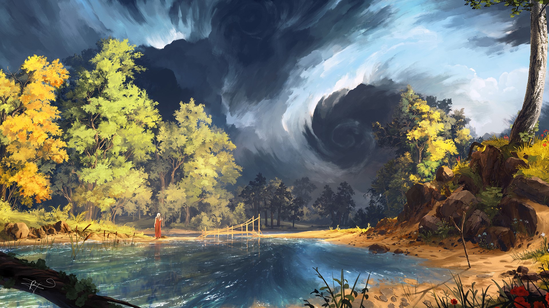 Digital art of a stormy landscape with a figure by the water HD Wallpaper