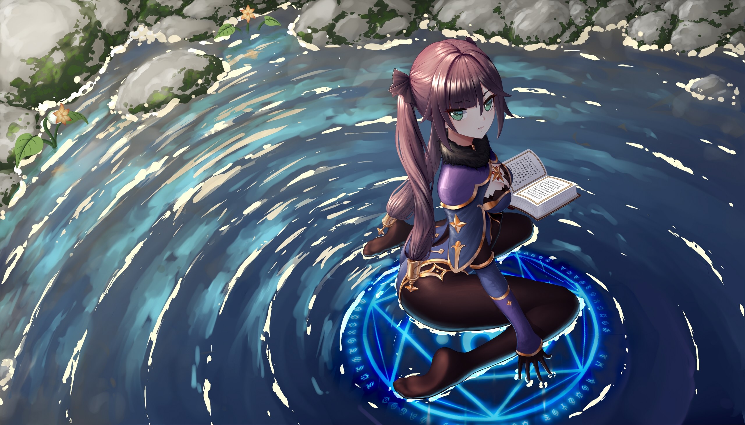 Mona from Genshin Impact reading a book on water HD Wallpaper