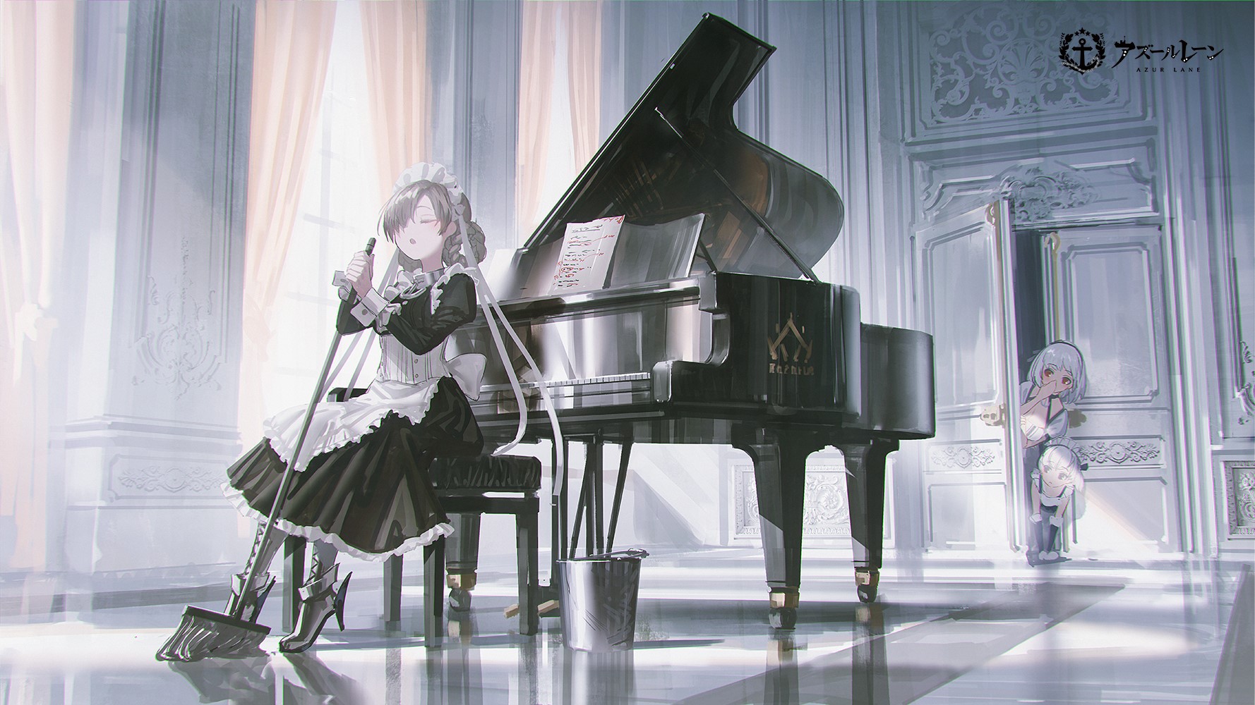 Maid characters with piano in a room from Azur Lane HD Wallpaper