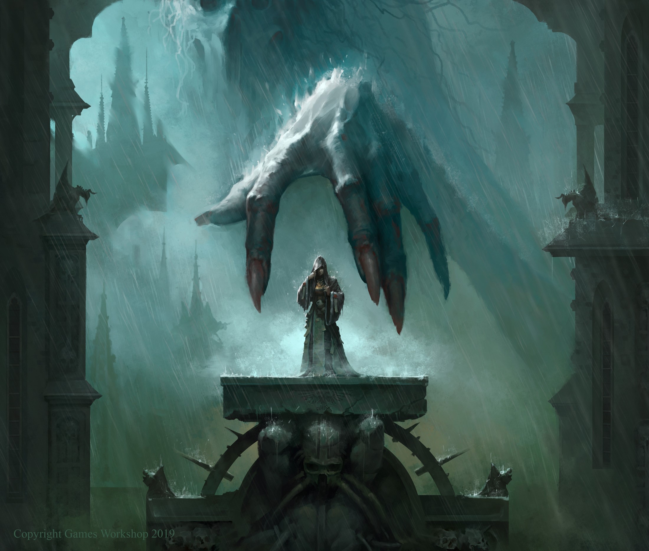 A hooded figure stands before a giant hand in the rain HD Wallpaper