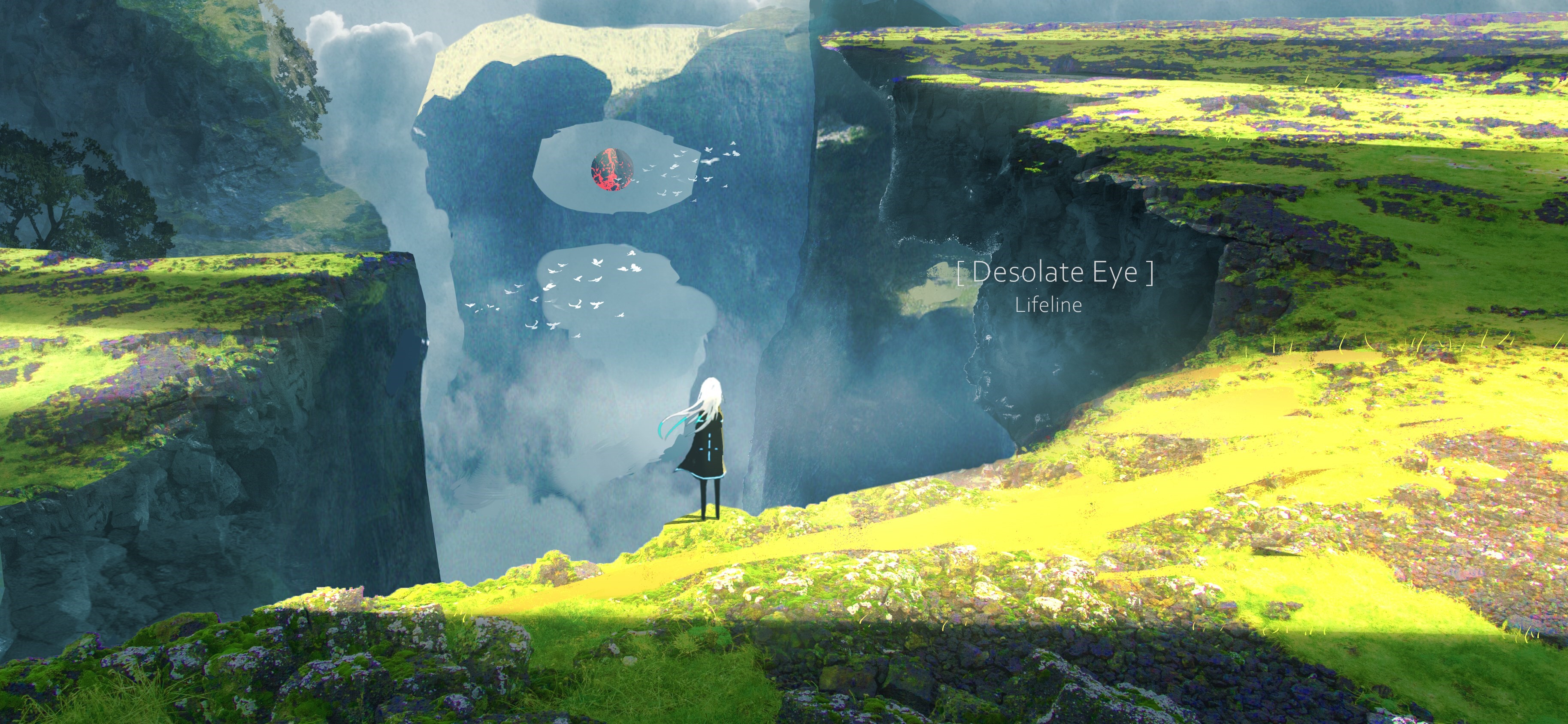 Anime girl in a desolate landscape with floating islands HD Wallpaper