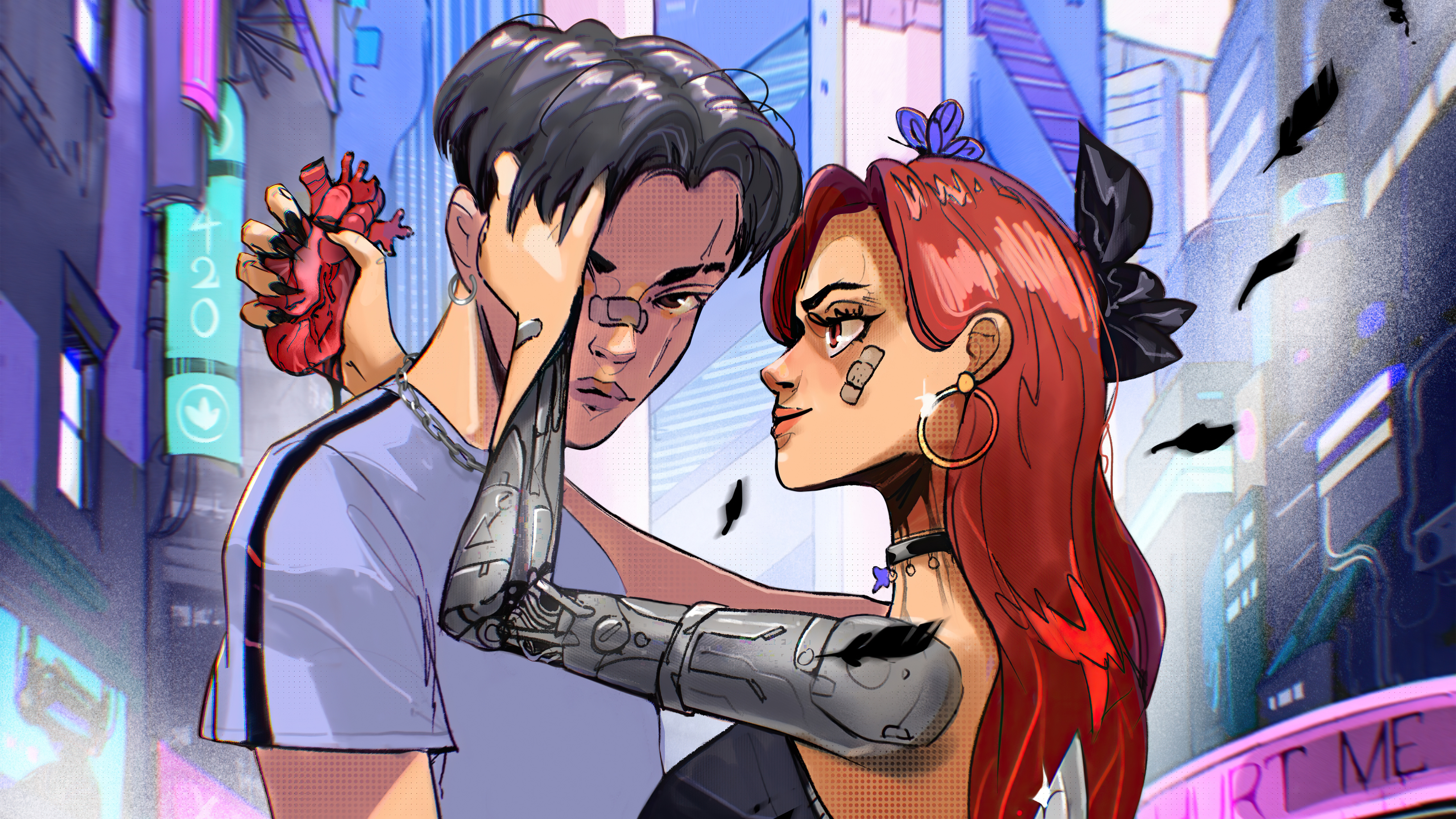 Sci-fi couple with cyborg arm and heart HD Wallpaper