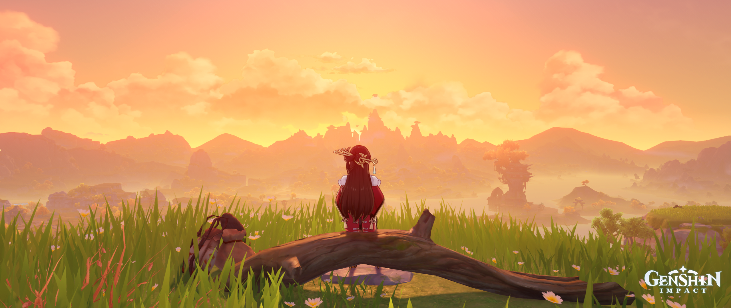 Character from Genshin Impact sitting on a log at sunset HD Wallpaper