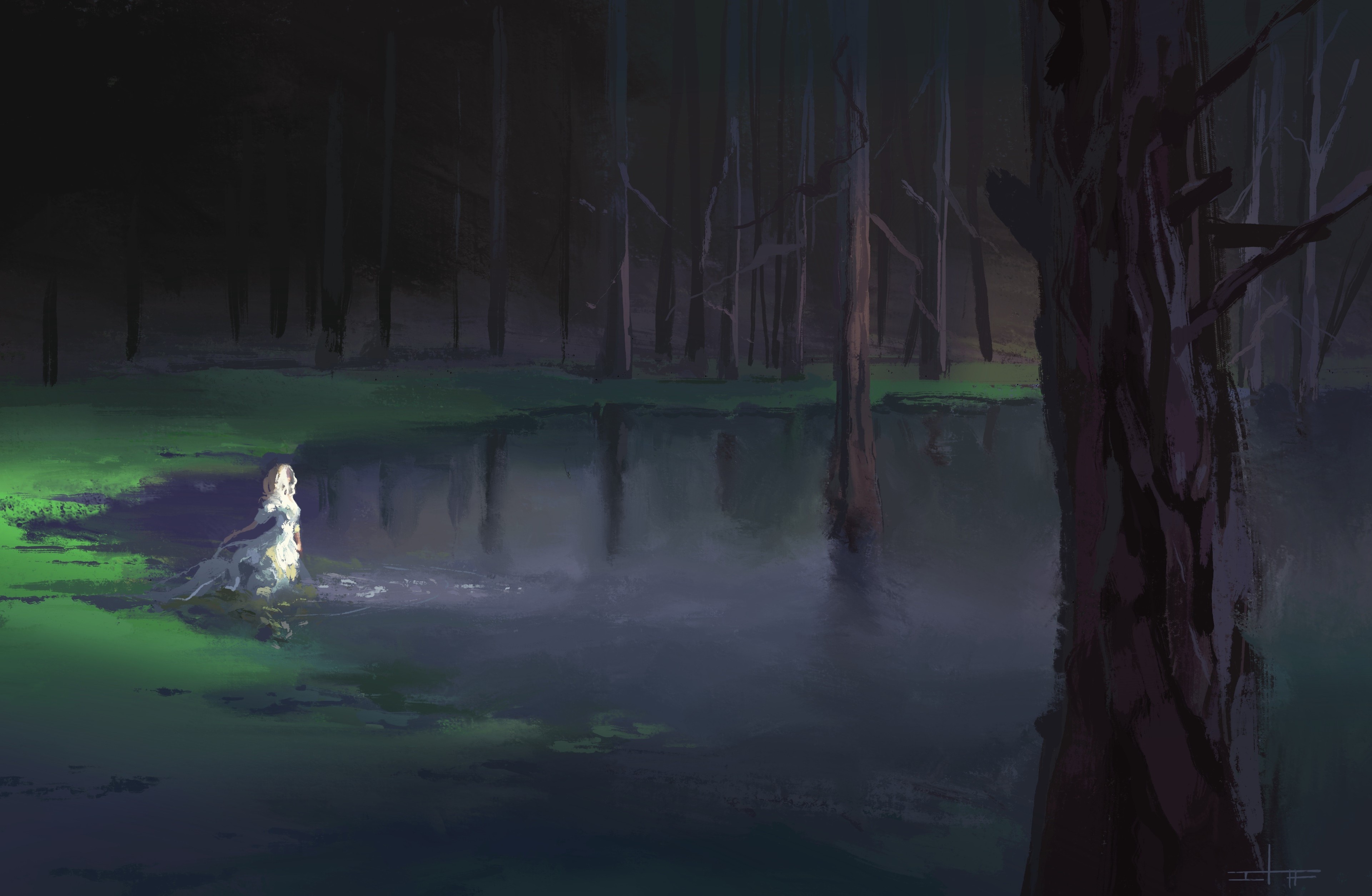 Woman in white dress by a lake in a dark forest HD Wallpaper