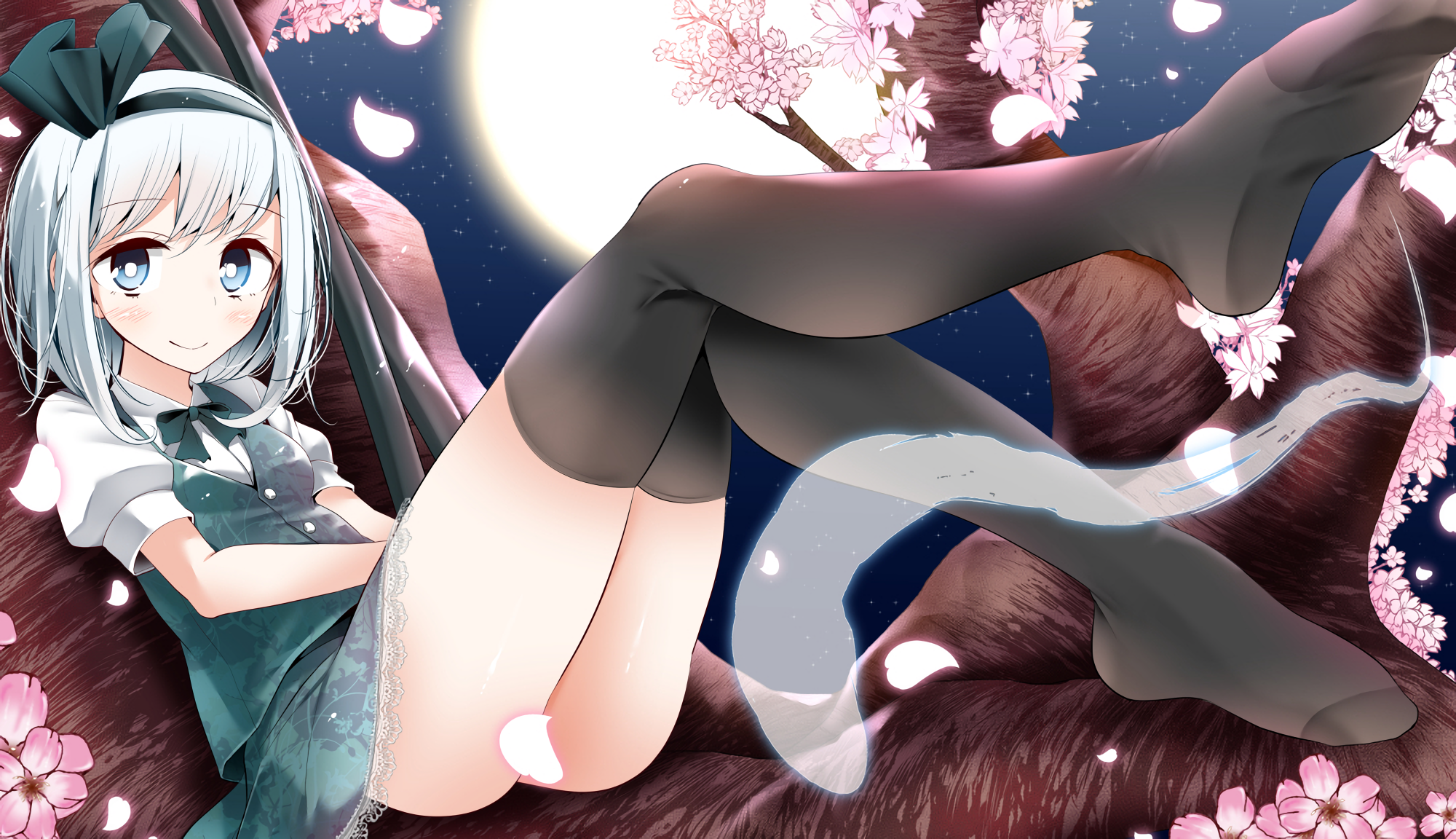 Konpaku Youmu from Touhou sitting on a tree branch HD Wallpaper