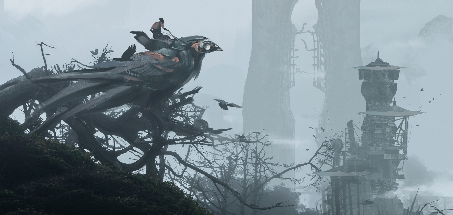 Fantasy art of a rider on a giant bird in a misty forest HD Wallpaper