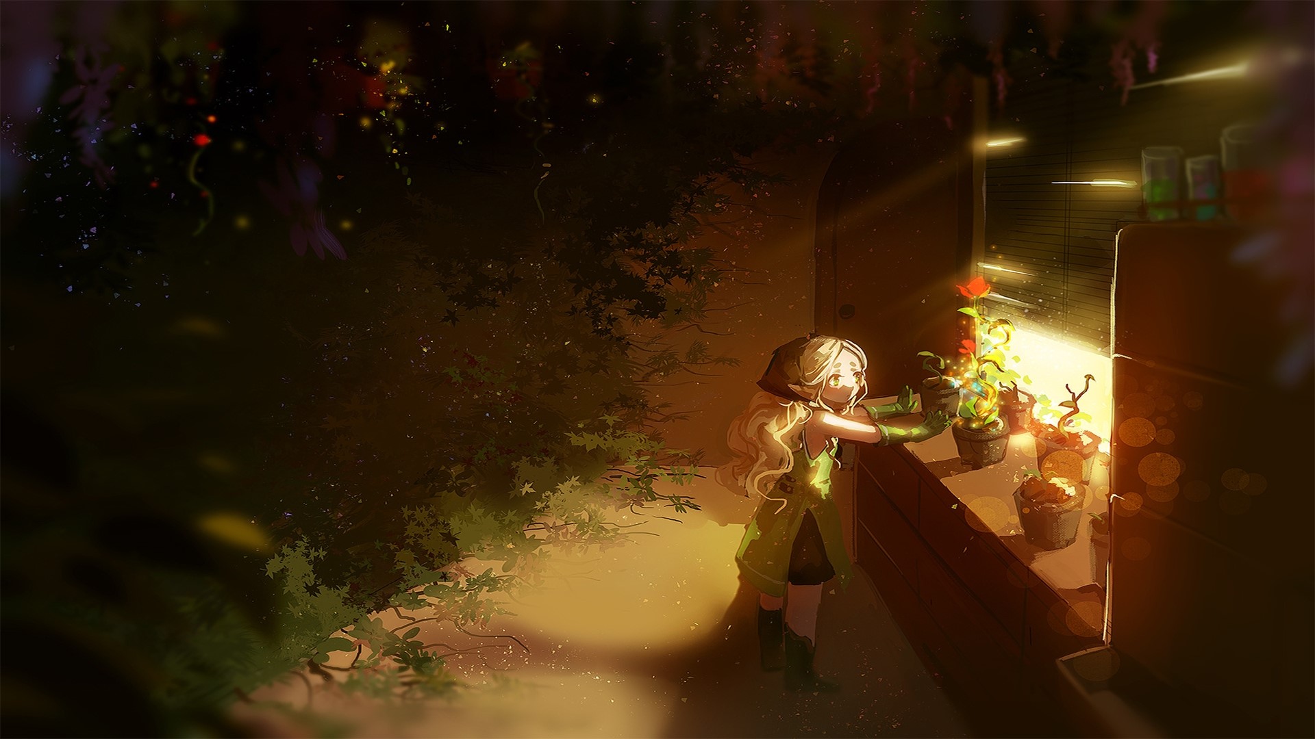 Girl tending to plants in sunlight HD Wallpaper