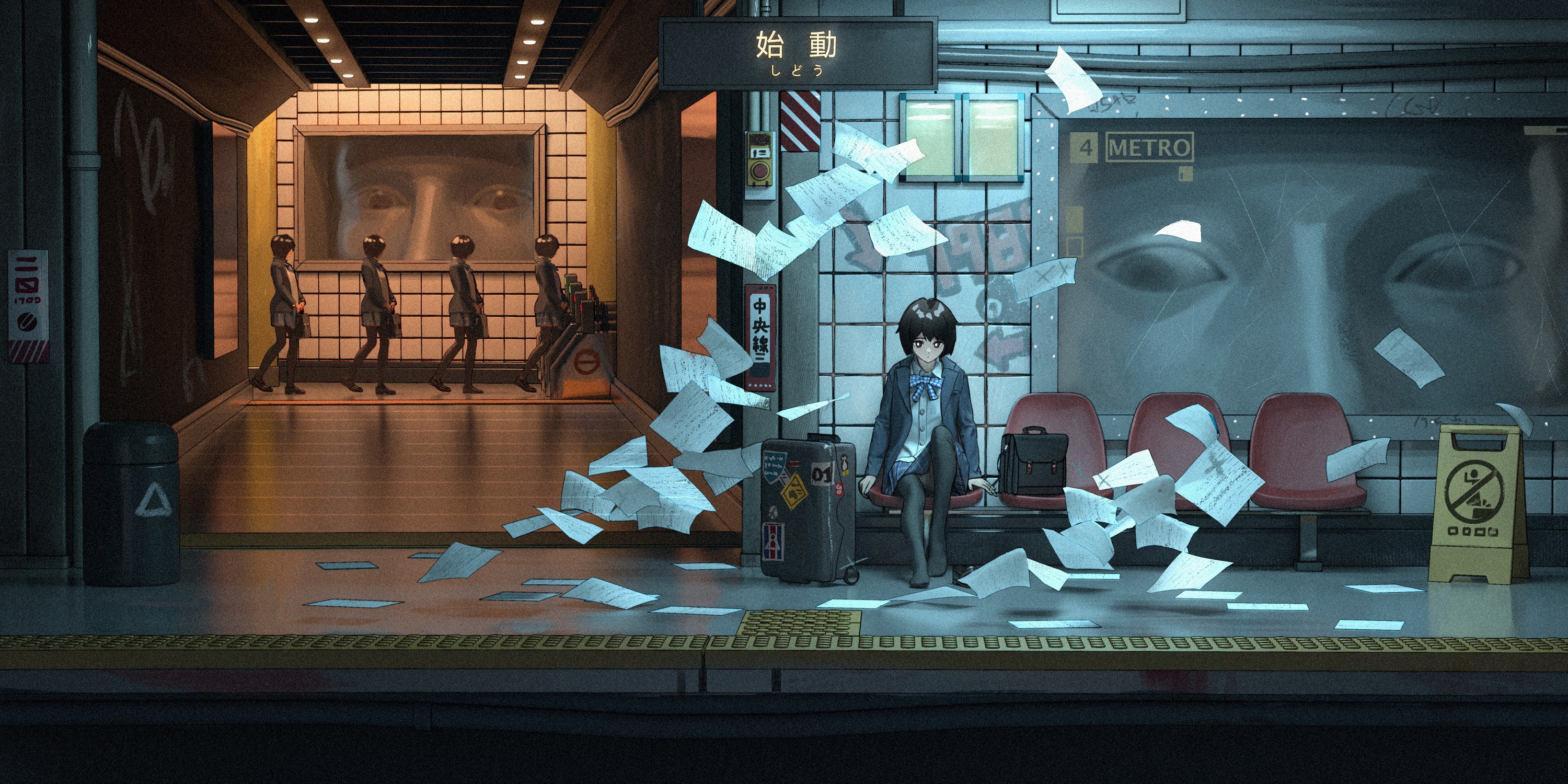Anime girl waiting at a creepy metro station HD Wallpaper