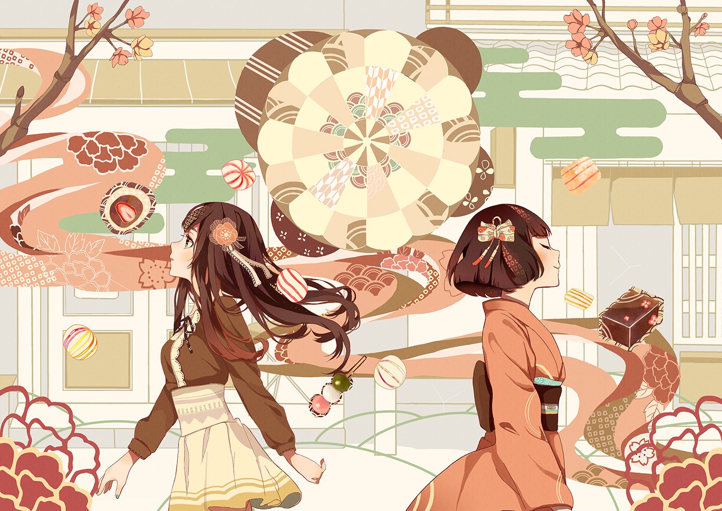 Two anime girls in Japanese clothes with sweets HD Wallpaper
