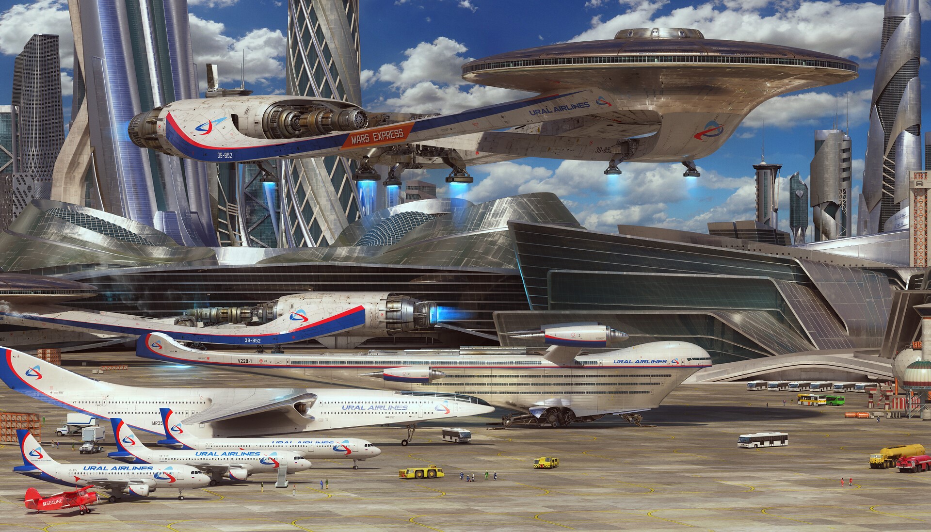 Futuristic city with spaceships and airplanes HD Wallpaper