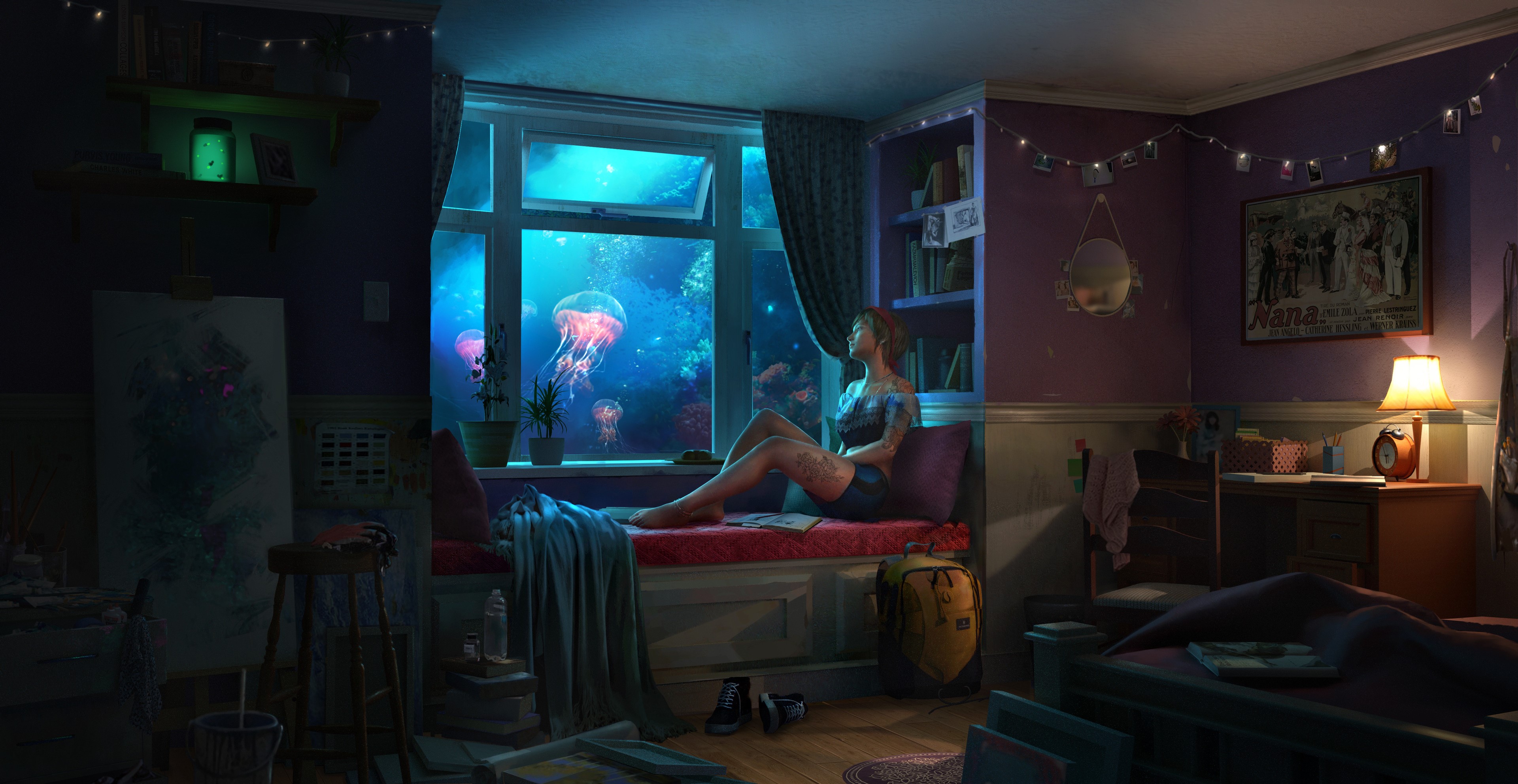 Woman with tattoos looking out window at jellyfish HD Wallpaper
