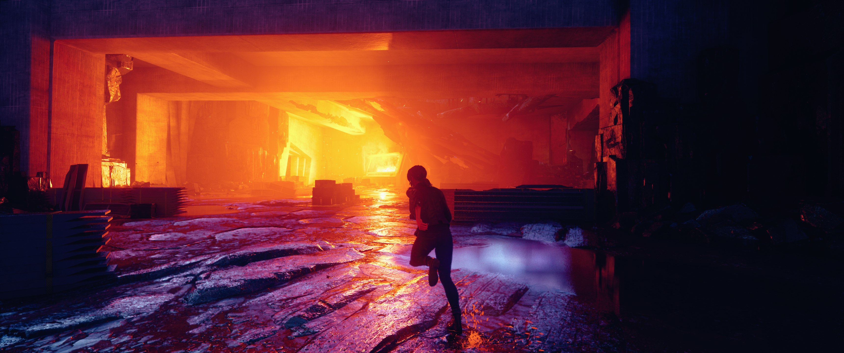 Jesse Faden running through a destroyed building in Control HD Wallpaper