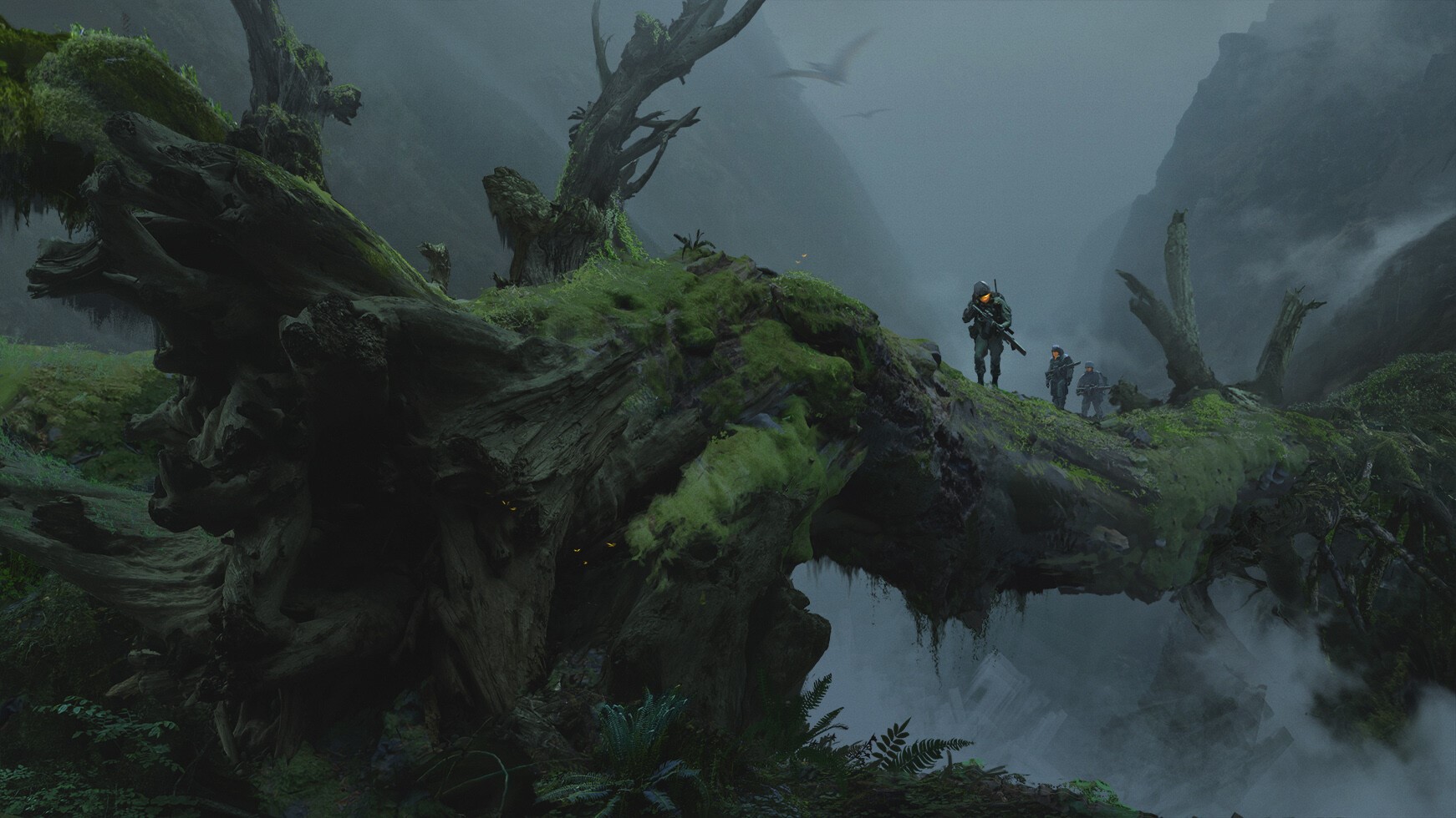 Soldiers crossing a mossy fallen tree in a misty forest HD Wallpaper