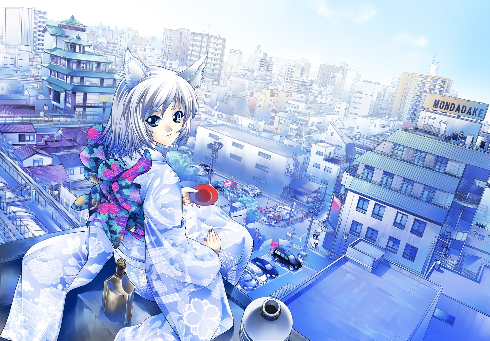 Anime girl with animal ears in kimono overlooking cityscape HD Wallpaper