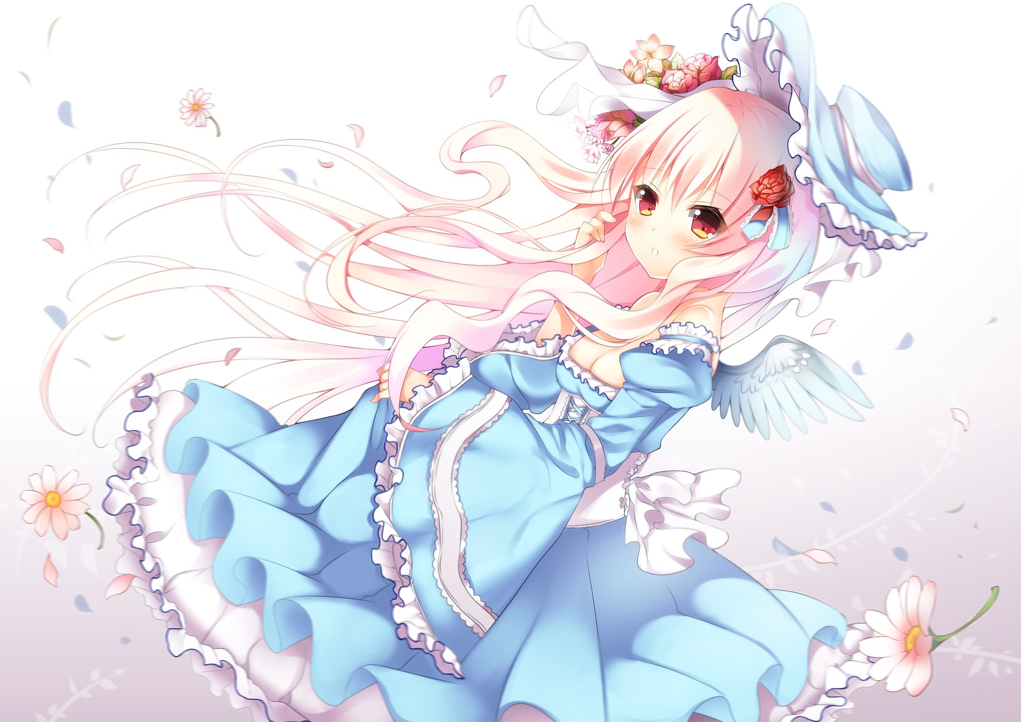 Usagihime with wings and flowers in a blue dress HD Wallpaper