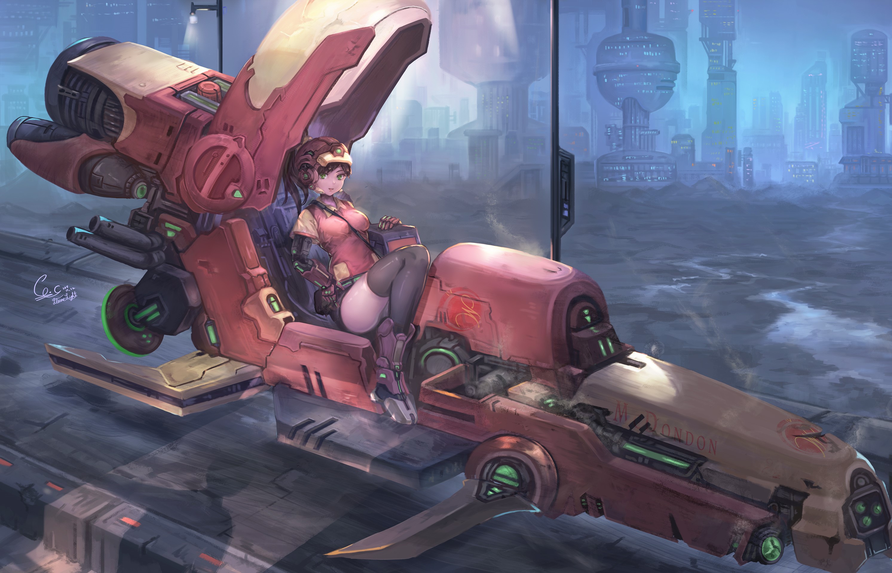 Anime girl in sci-fi vehicle in futuristic city HD Wallpaper