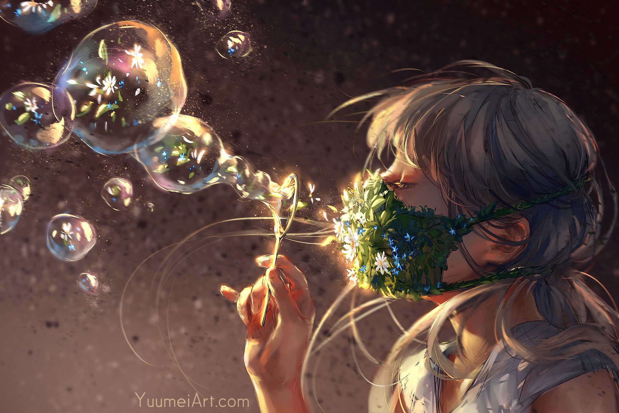 Yuumei blowing bubbles with flowers on mask HD Wallpaper