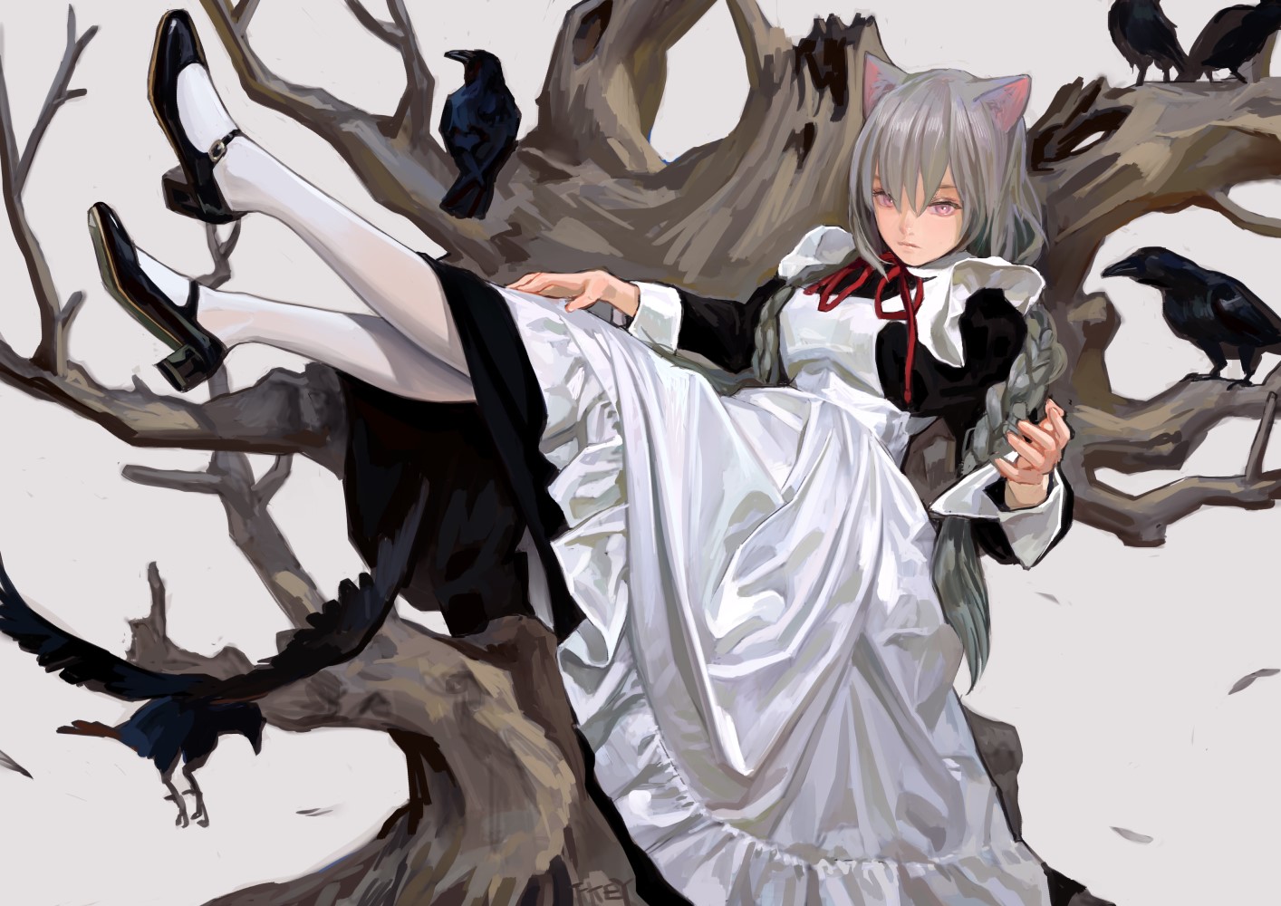 Nekomimi maid with ravens in a tree HD Wallpaper
