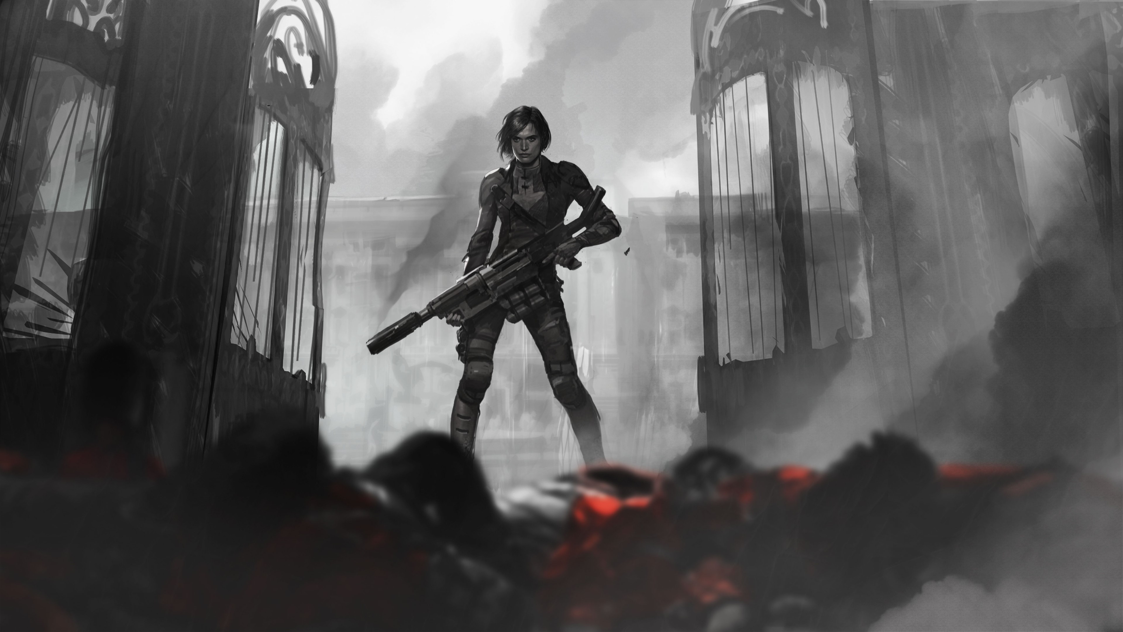 Artwork of a woman with a gun in ruins HD Wallpaper