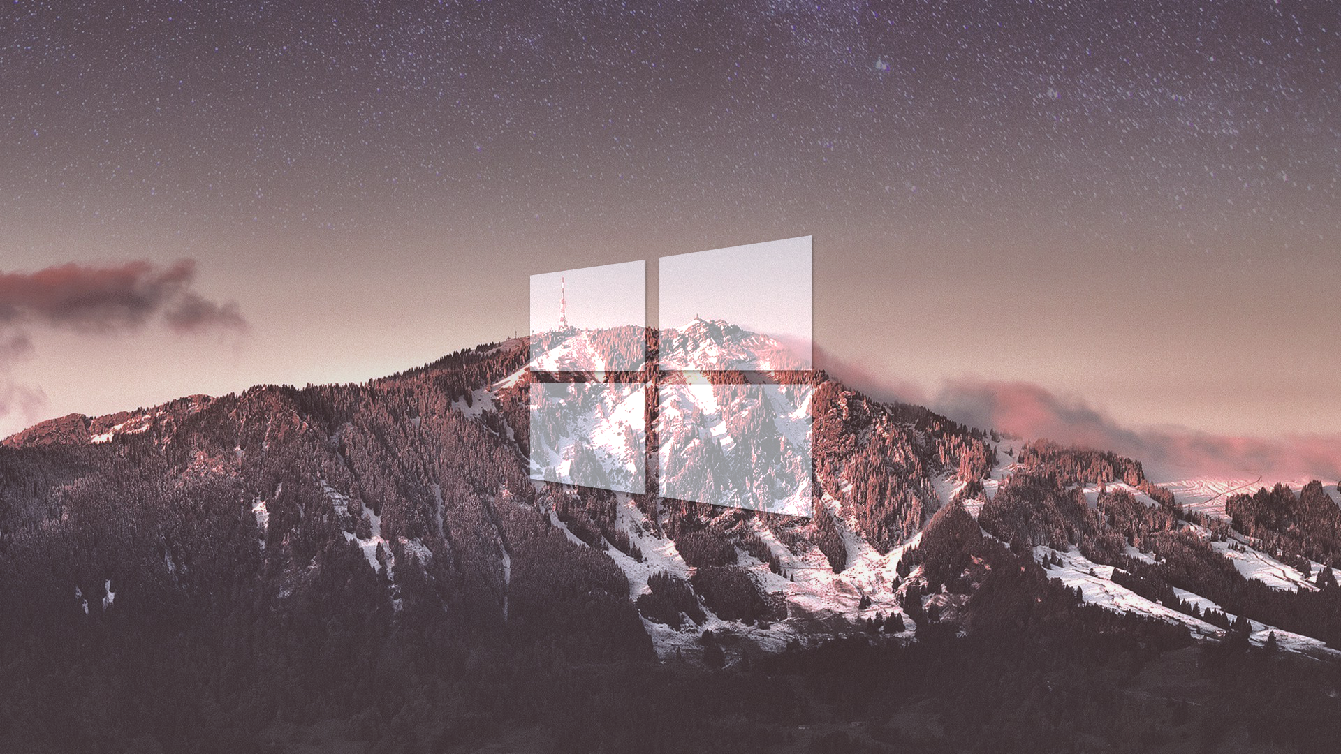 Windows 10 logo over snowy mountains at night HD Wallpaper