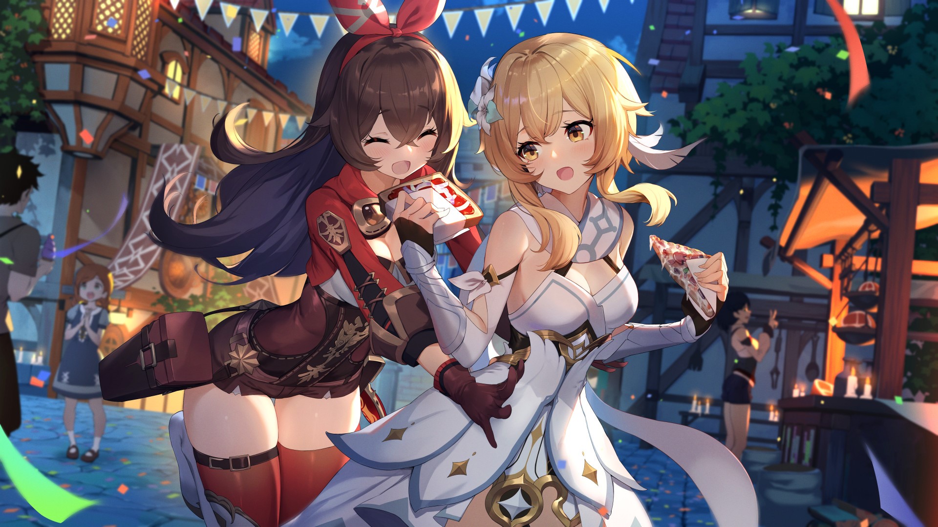 Lumine and Amber from Genshin Impact at a festival HD Wallpaper