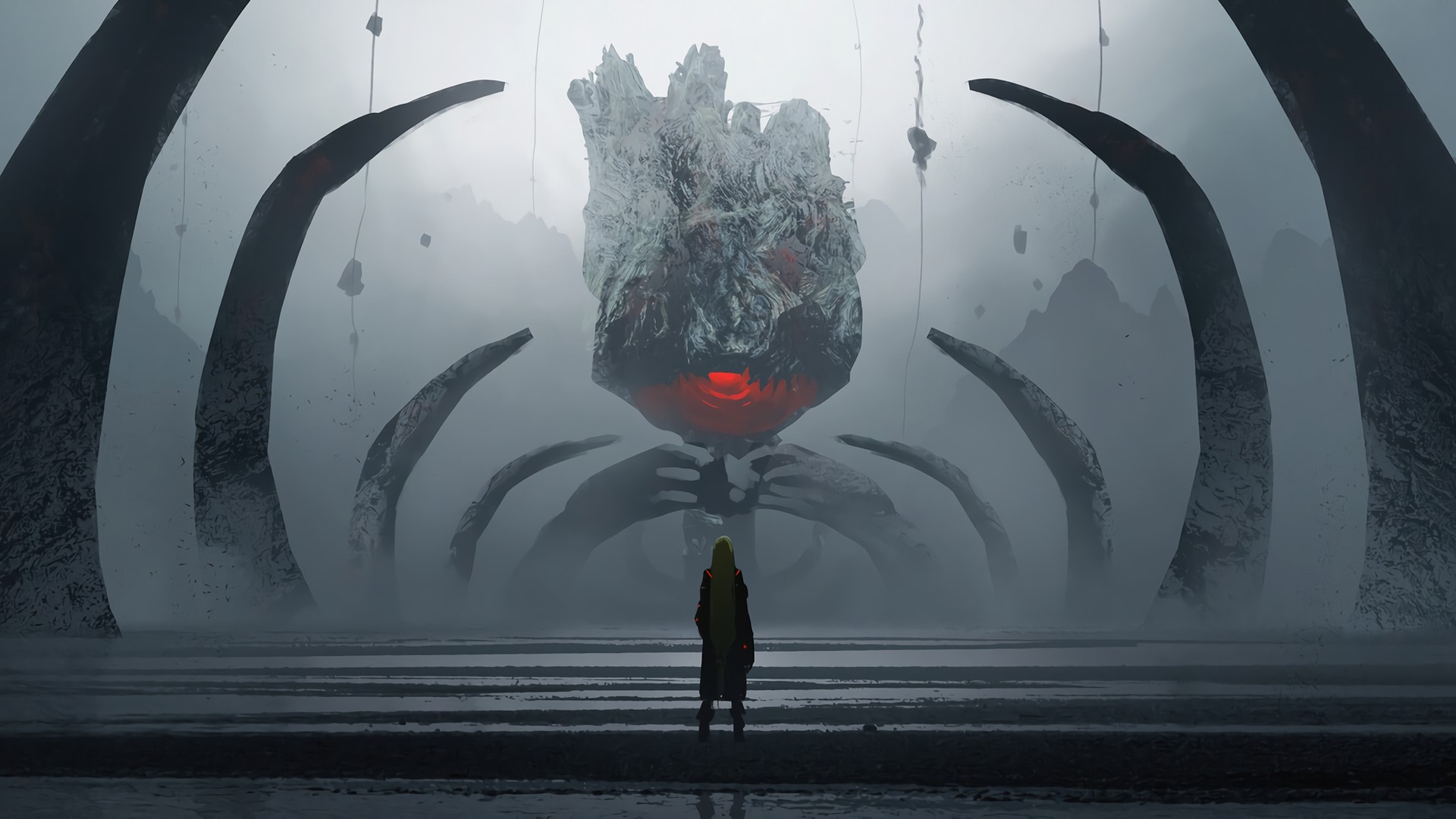 Woman in yellow coat facing giant structure with red eye HD Wallpaper