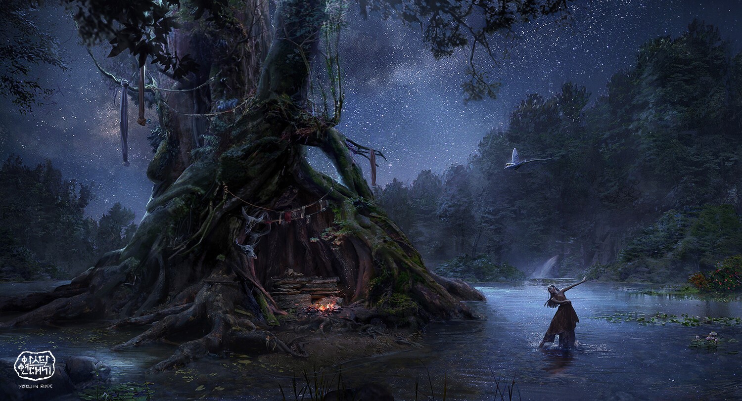 Fantasy artwork by Yoojin Rhee featuring a mystical tree and a figure in water HD Wallpaper