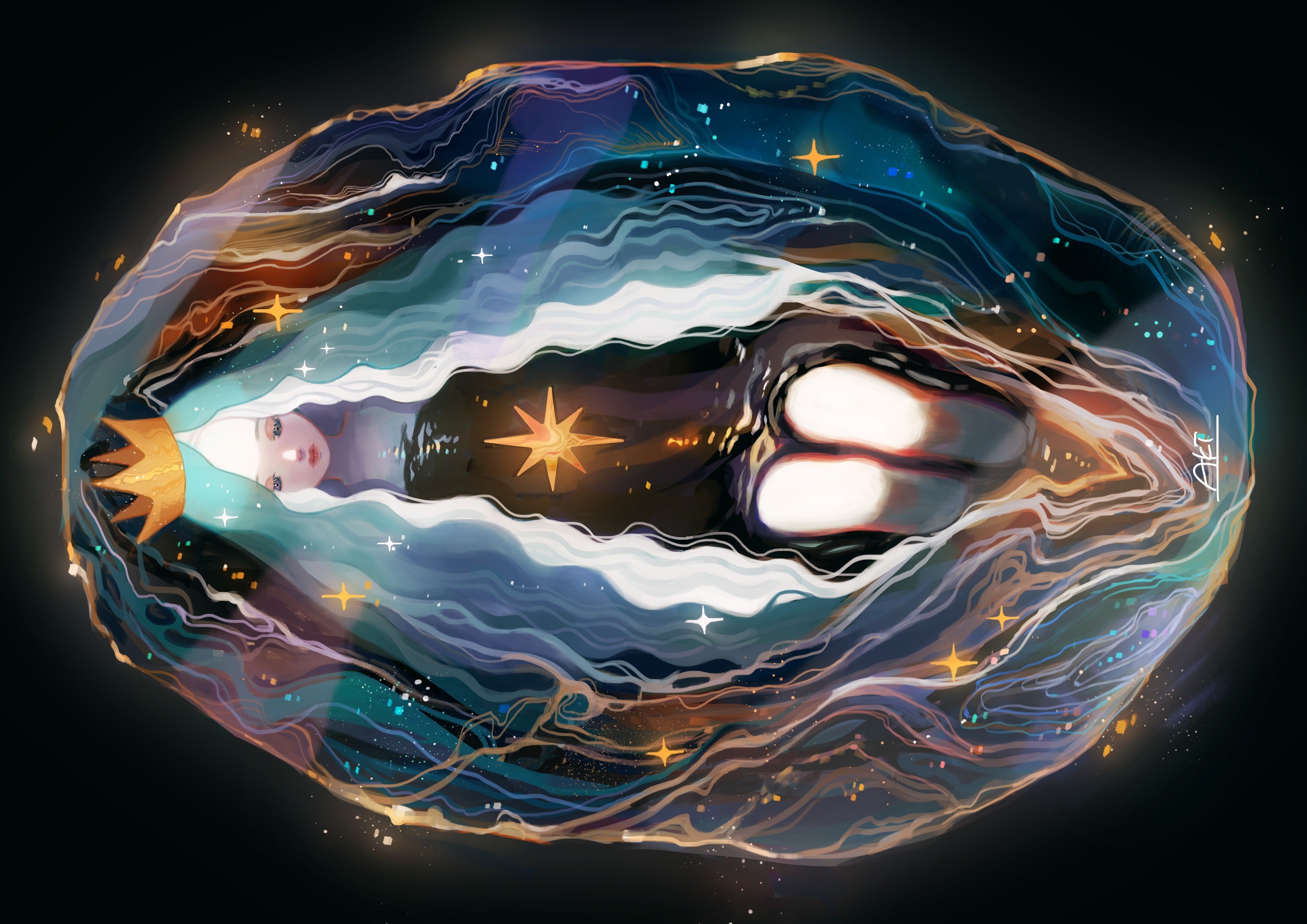 Fantasy girl with crown in cosmic waves HD Wallpaper