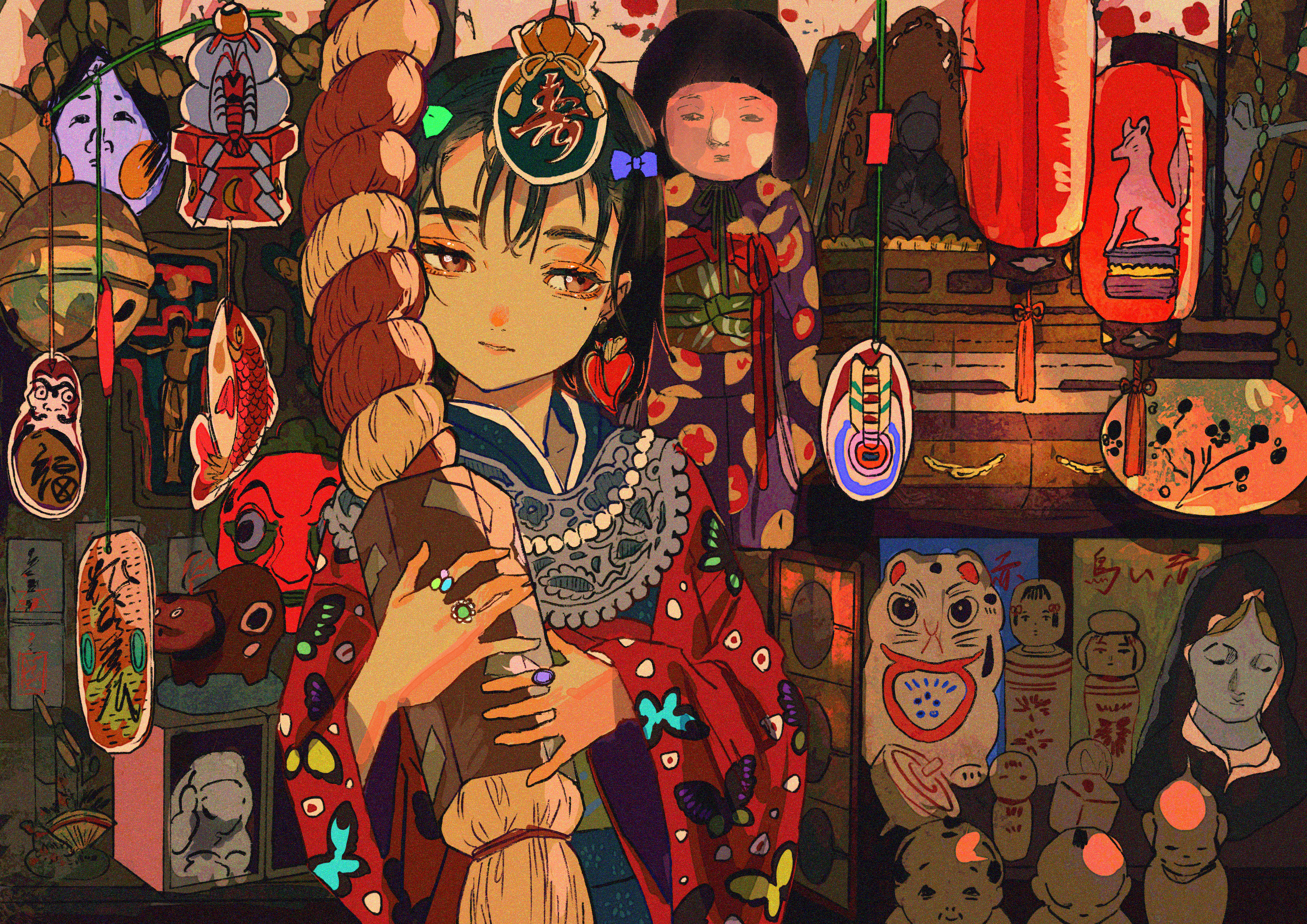 Girl with Black Hair and Brown Eyes in Traditional Japanese Attire HD Wallpaper