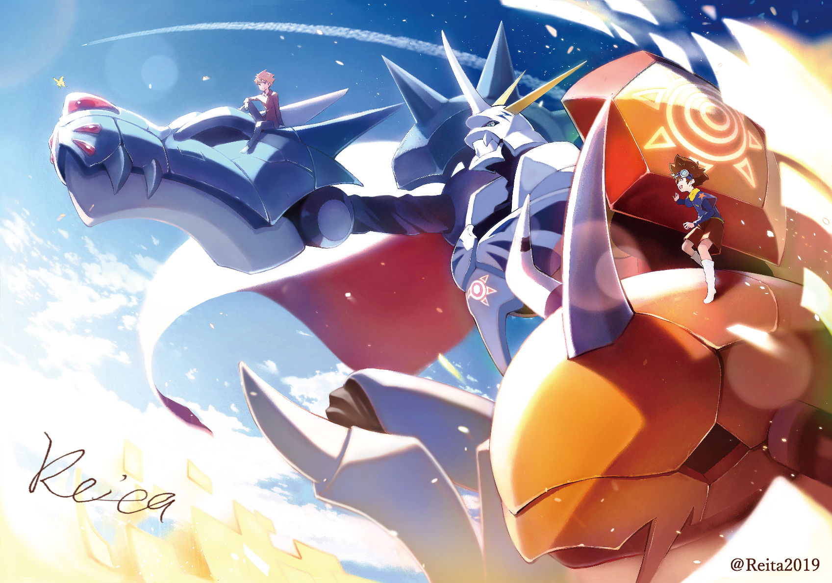 Digimon Adventure: Tai Kamiya and Agumon with MetalGarurumon and WarGreymon HD Wallpaper