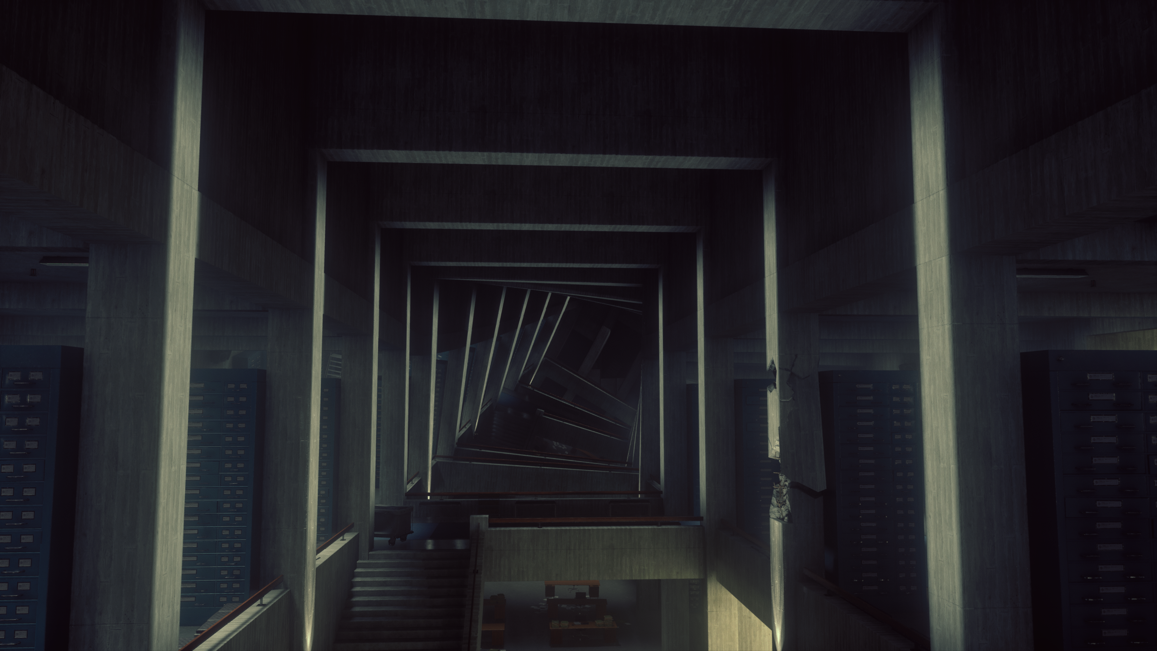 Surreal office building interior with a twisted perspective HD Wallpaper