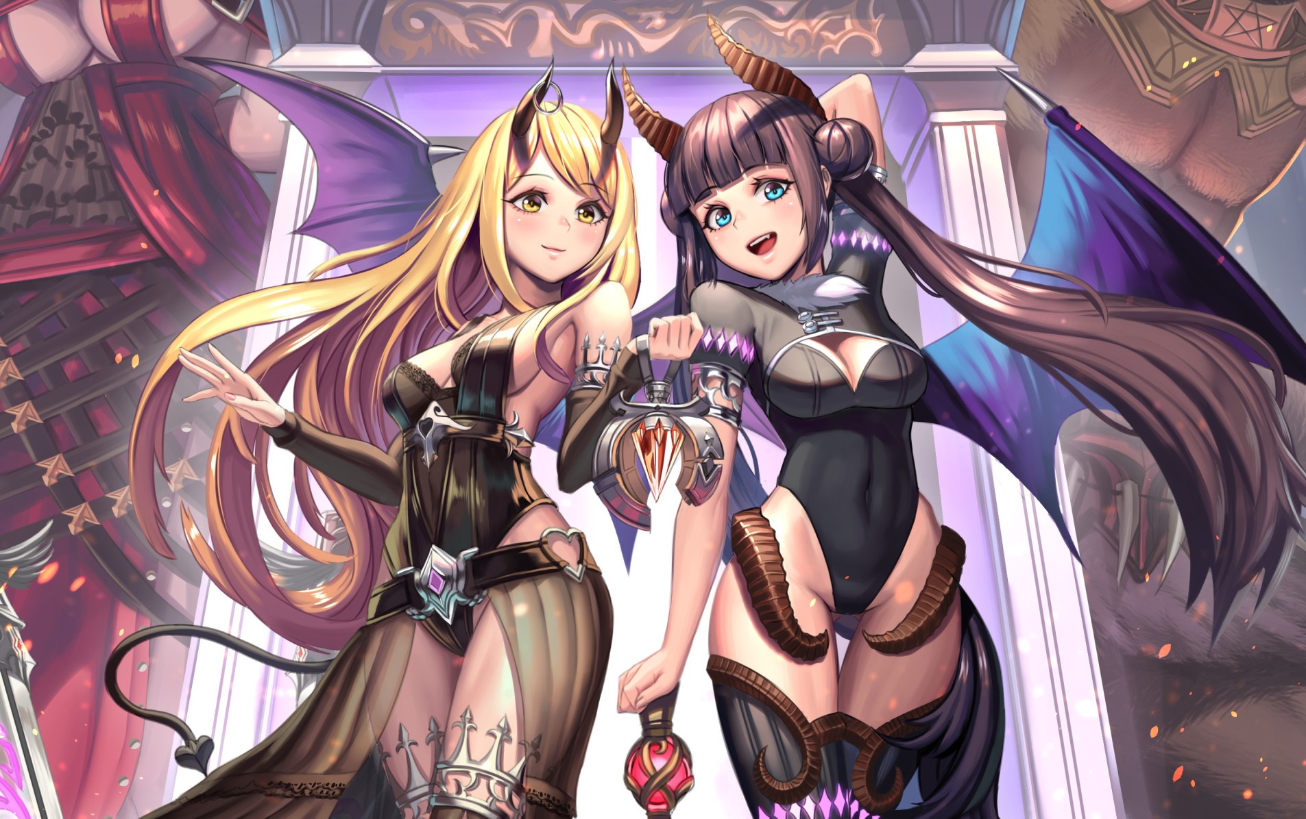 Two demon girls with horns and wings HD Wallpaper