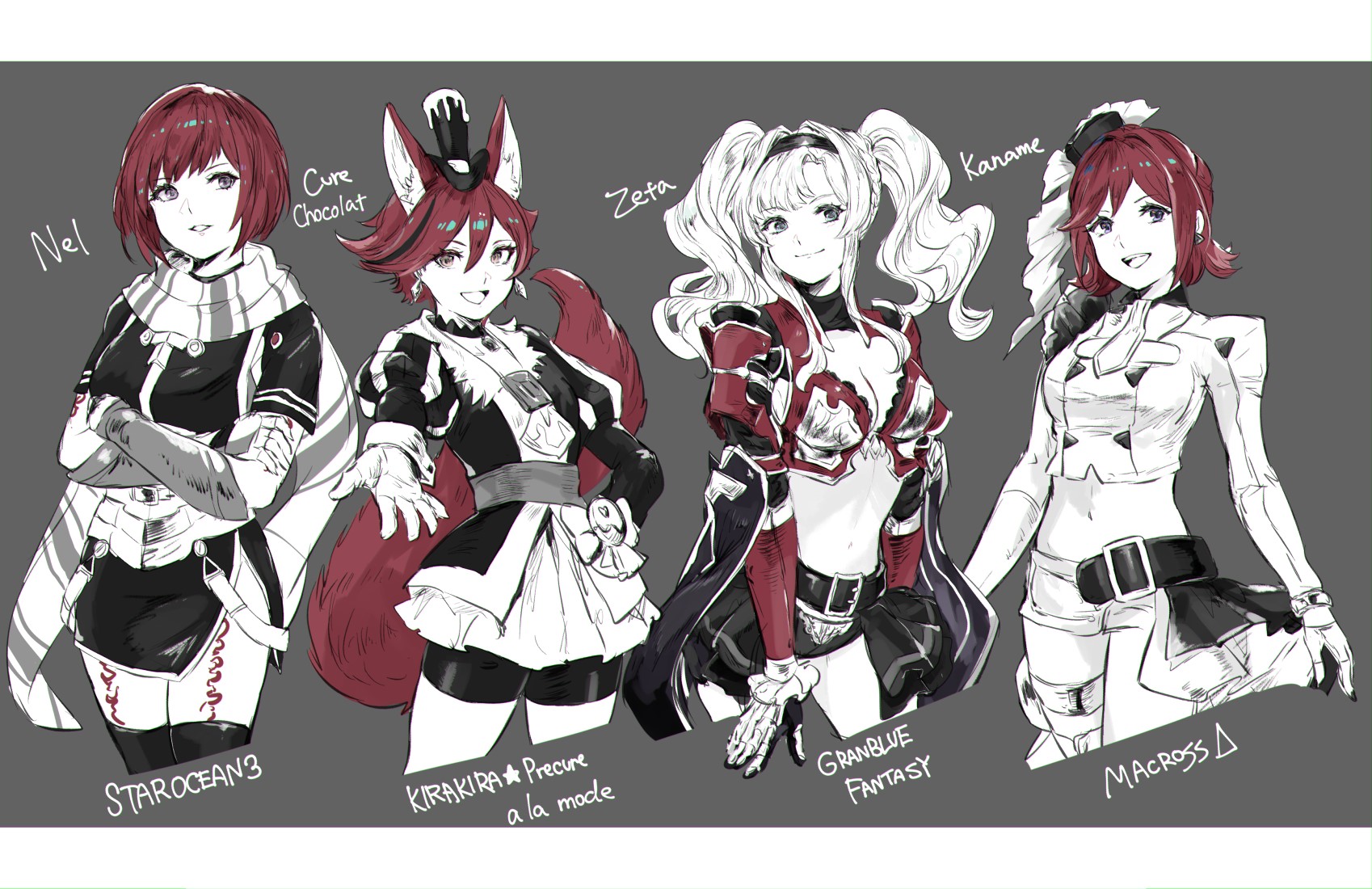Nel from Star Ocean, Cure Chocolat, Zeta, and Kaname from Granblue Fantasy and Macross Delta HD Wallpaper