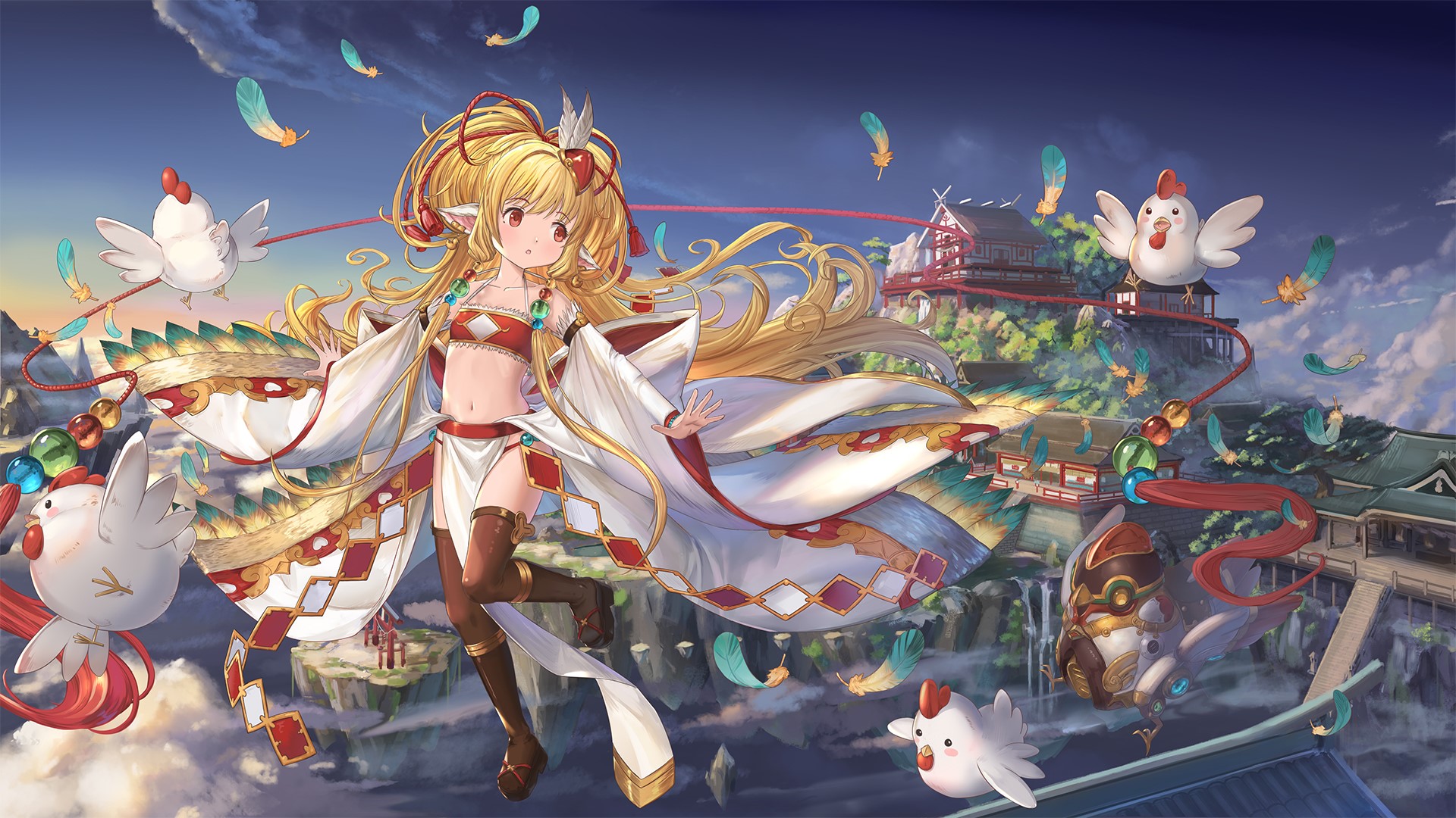 Mahira from Granblue Fantasy with chickens and Japanese architecture HD Wallpaper