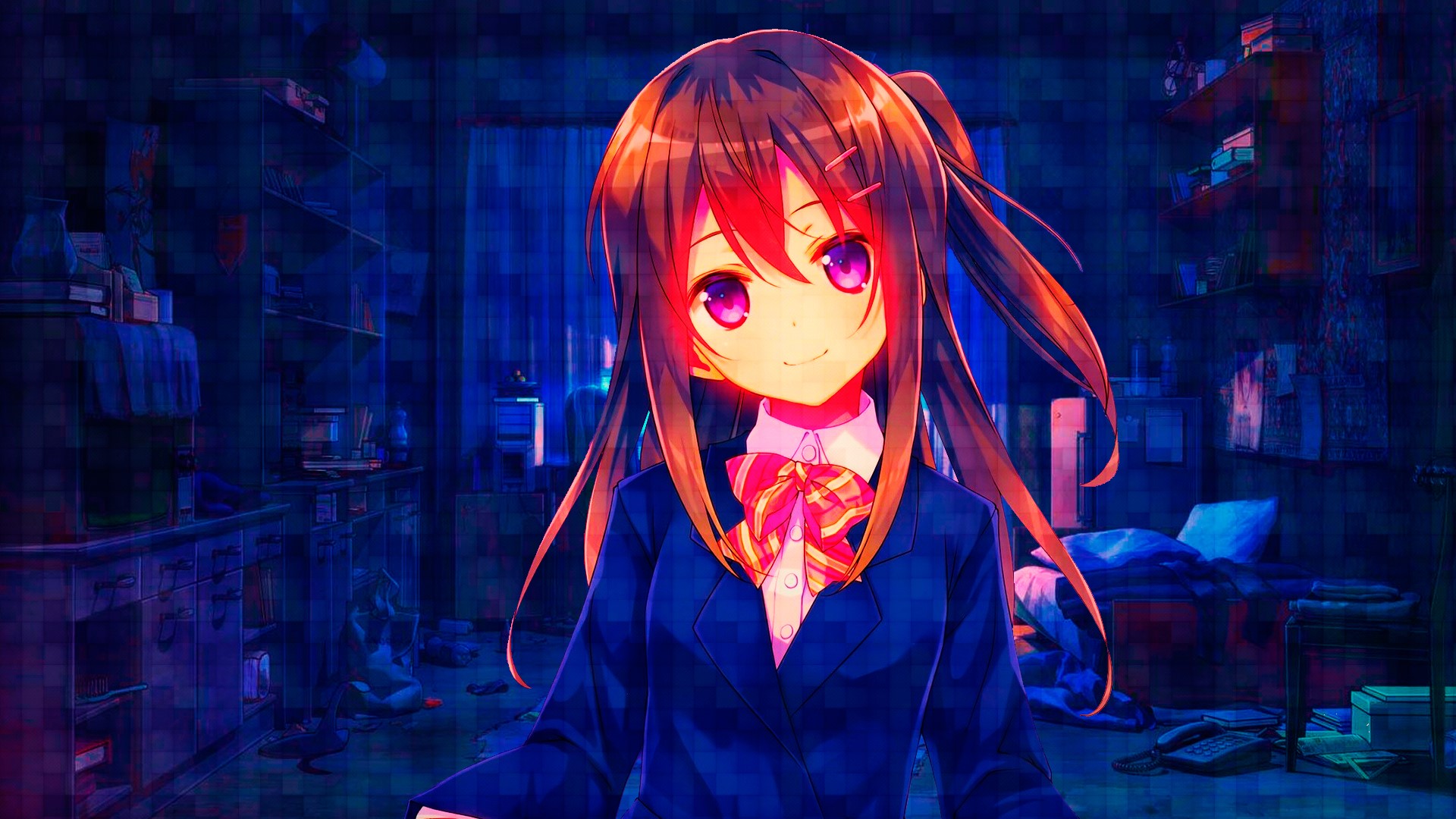 Anime girl with purple eyes in a room HD Wallpaper