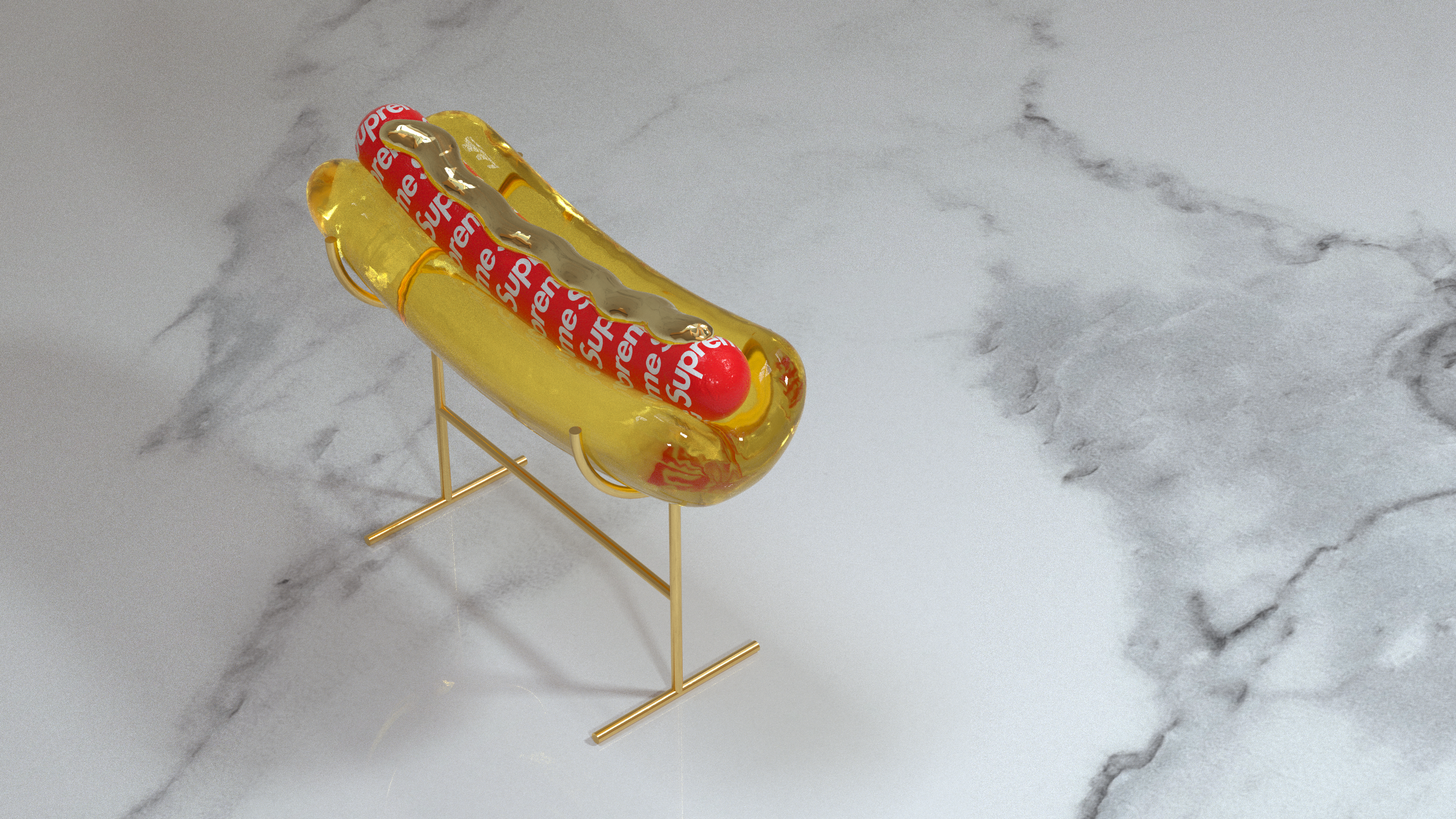 Hot dog with Supreme branding in glass on stand HD Wallpaper