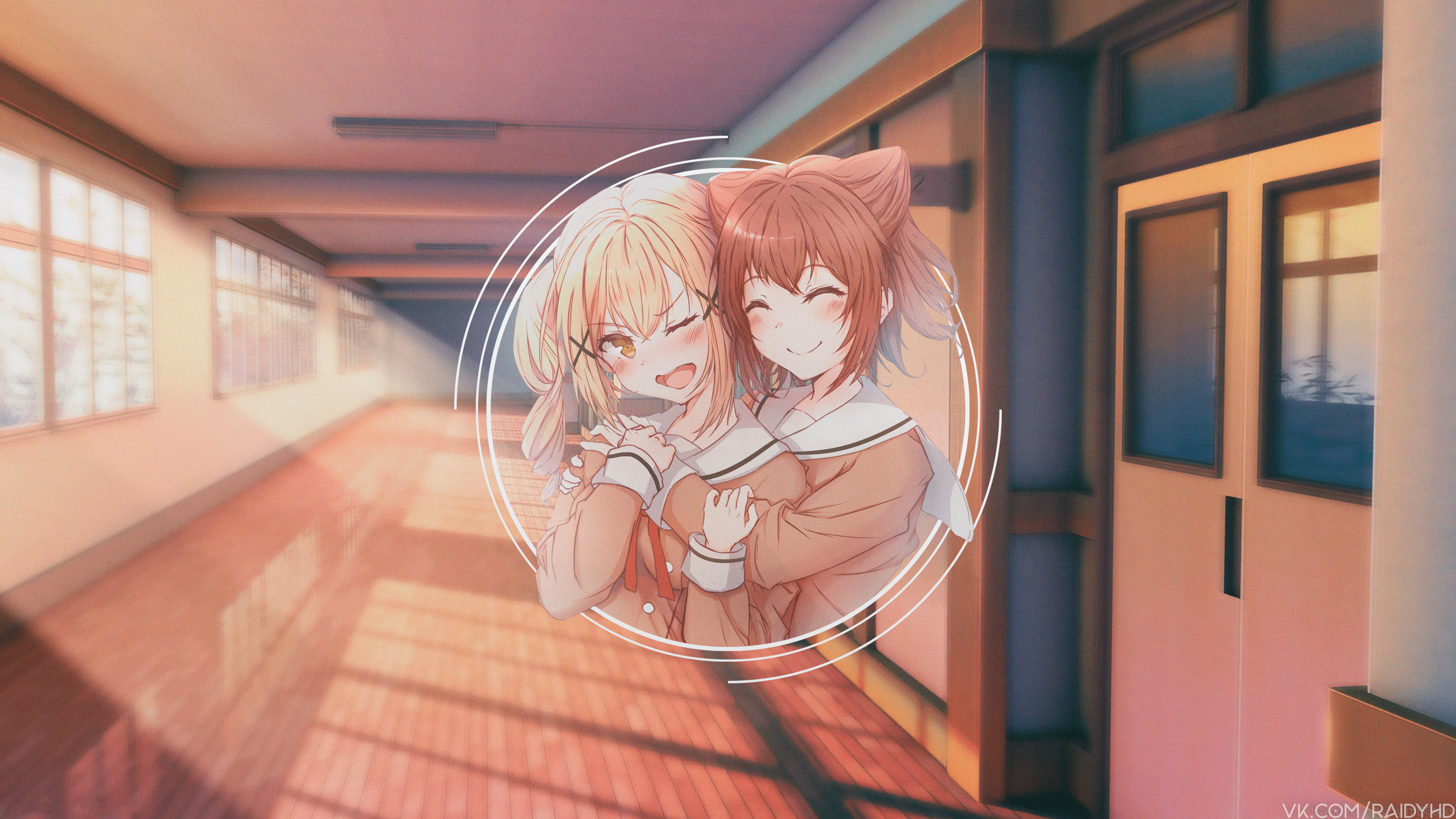 Anime girls hugging in school hallway HD Wallpaper