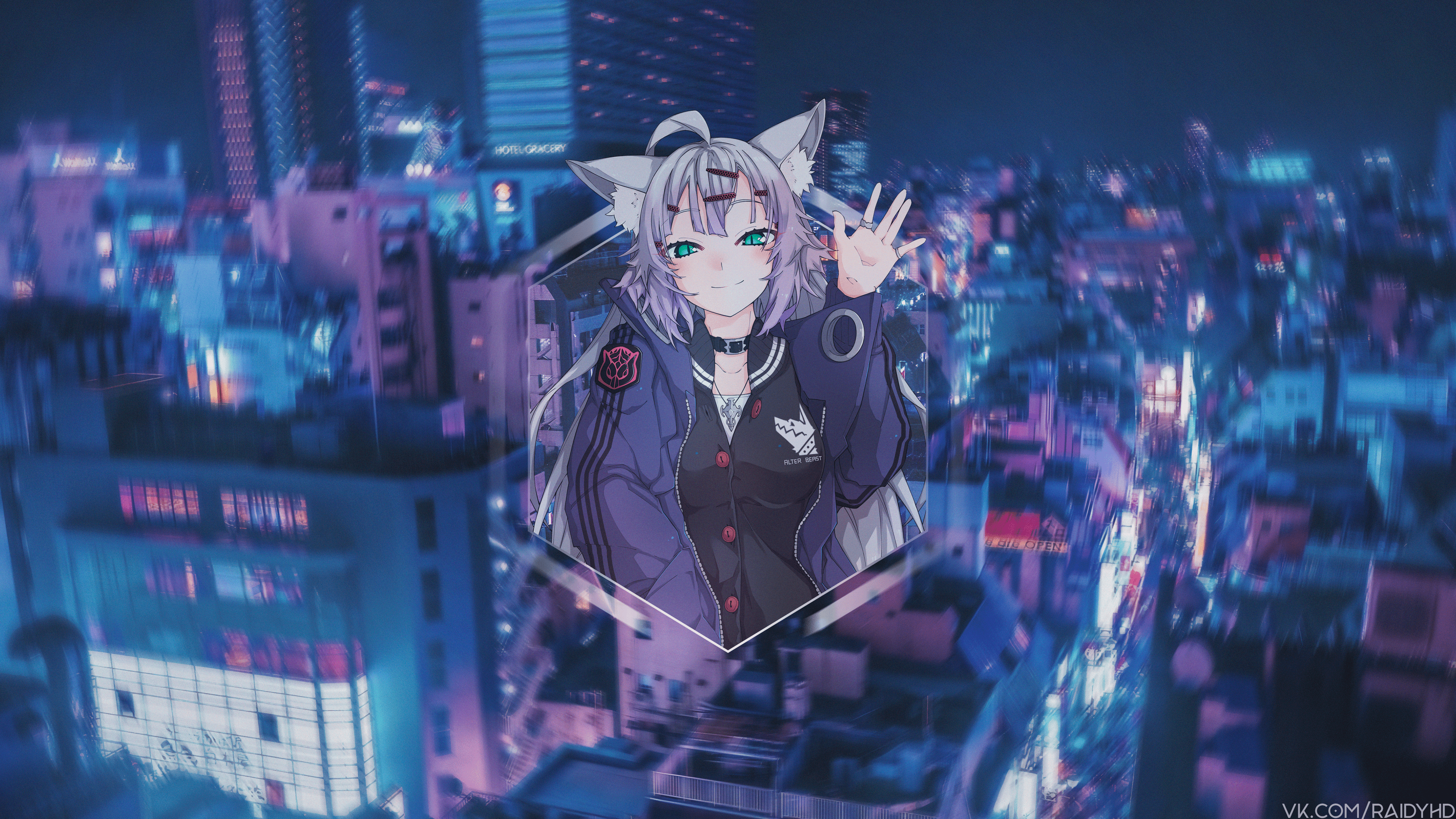 Anime girl with cat ears in a city at night HD Wallpaper