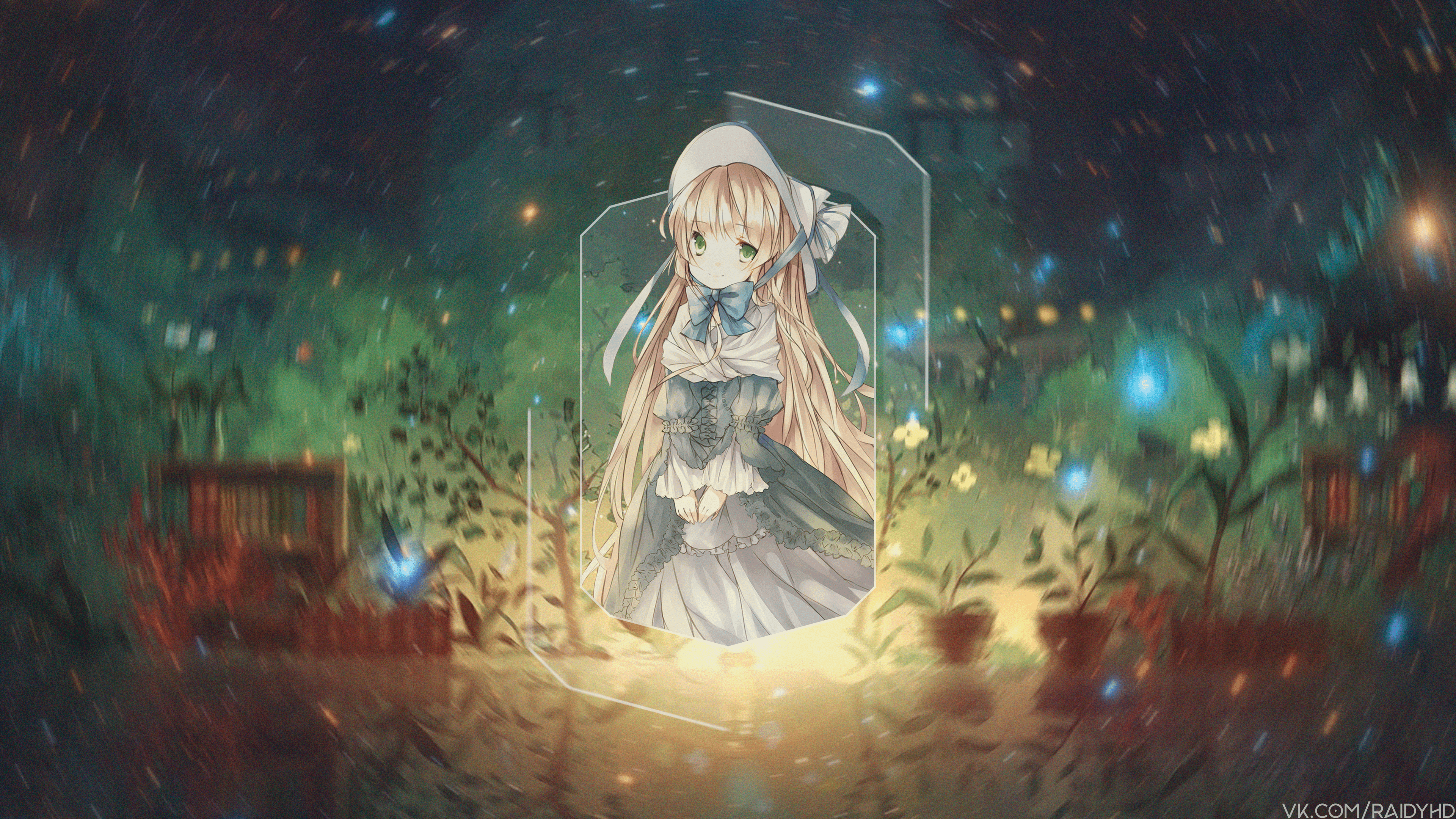 Anime girl in a glass frame with a starry background HD Wallpaper