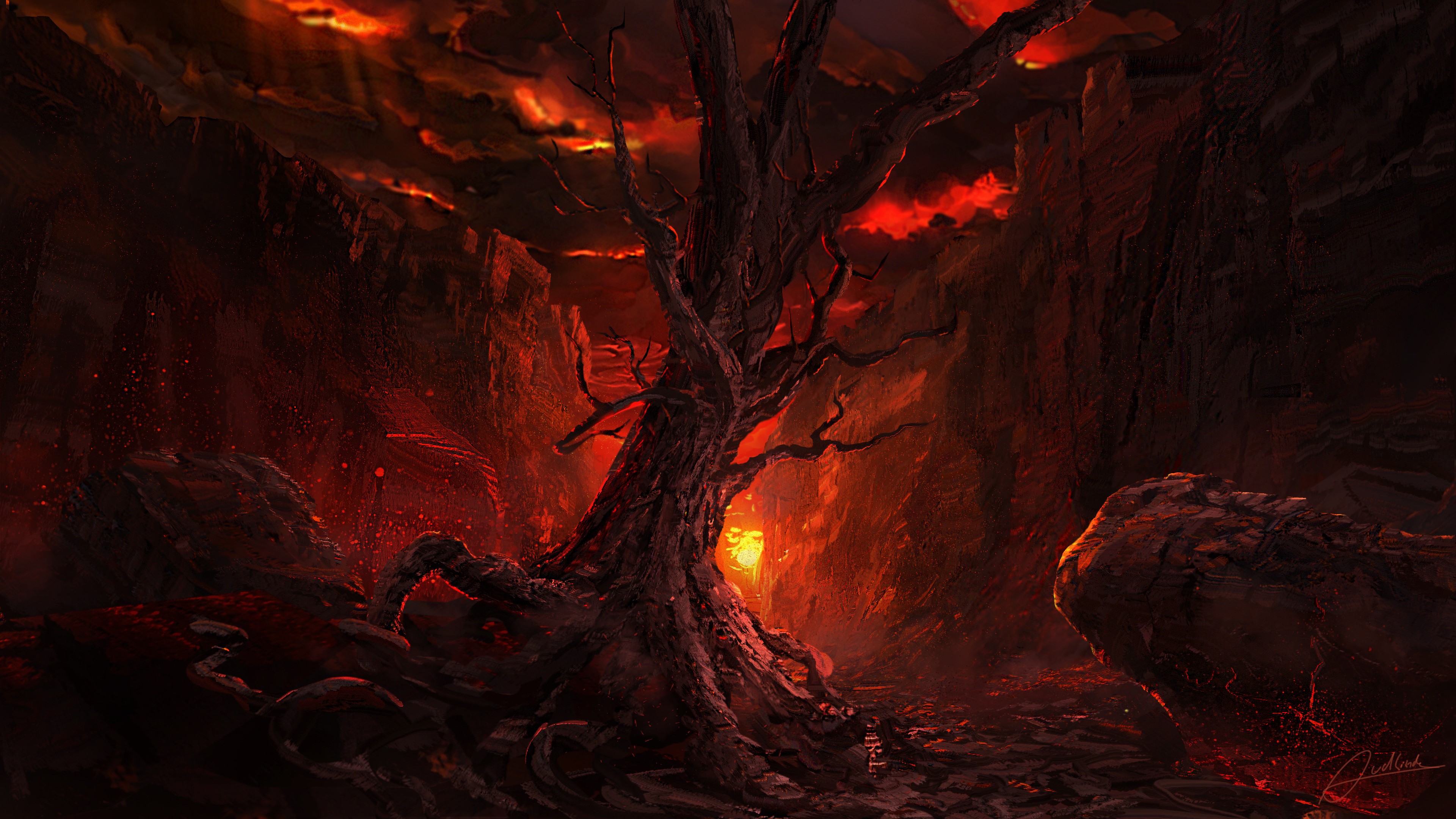Artwork of a desolate, fiery landscape with a dead tree HD Wallpaper